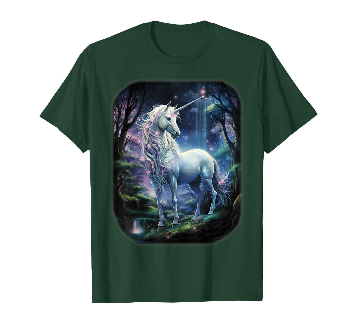 Fantasy white Unicorn standing in forest universe. T-Shirt
