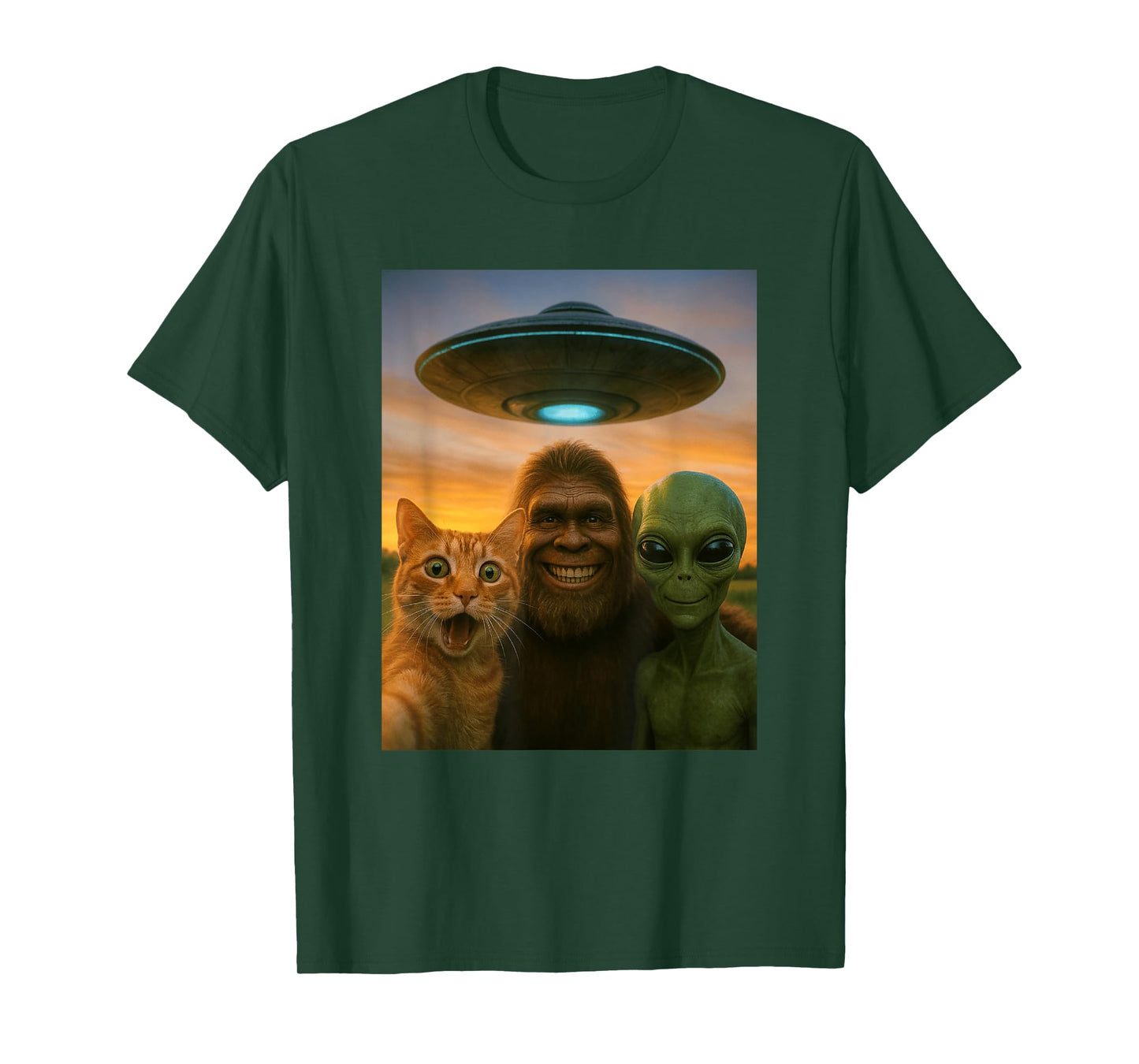 Orange Cat Selfie Bigfoot UFO Alien T-Shirt