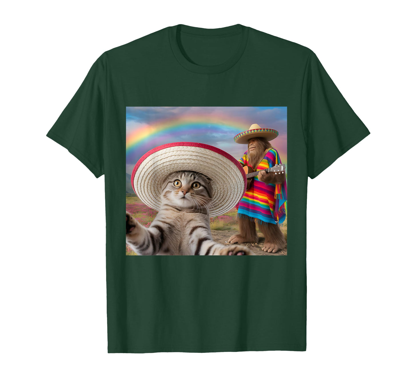 Funny Cat Selfie With Bigfoot Cinco de Mayo Men Women Kids T-Shirt