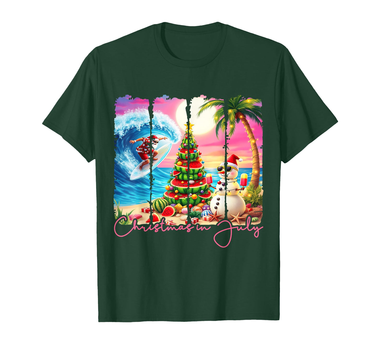 Summer Vibes Xmas in July Santa Surfing Beach Trip Tropical T-Shirt