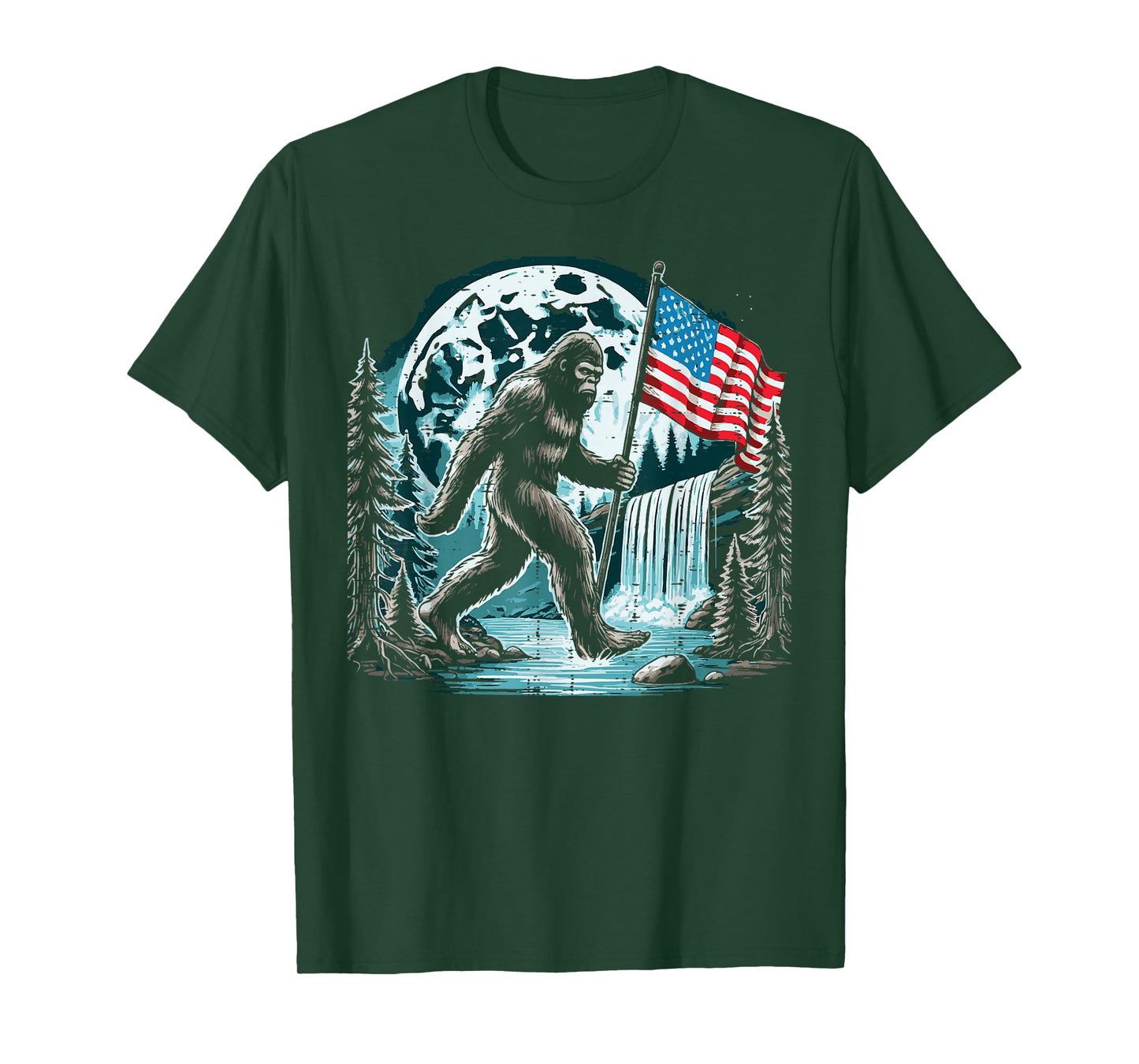 Bigfoot Sasquatch USA Flag Moon Patriotic Men Women Kids T-Shirt