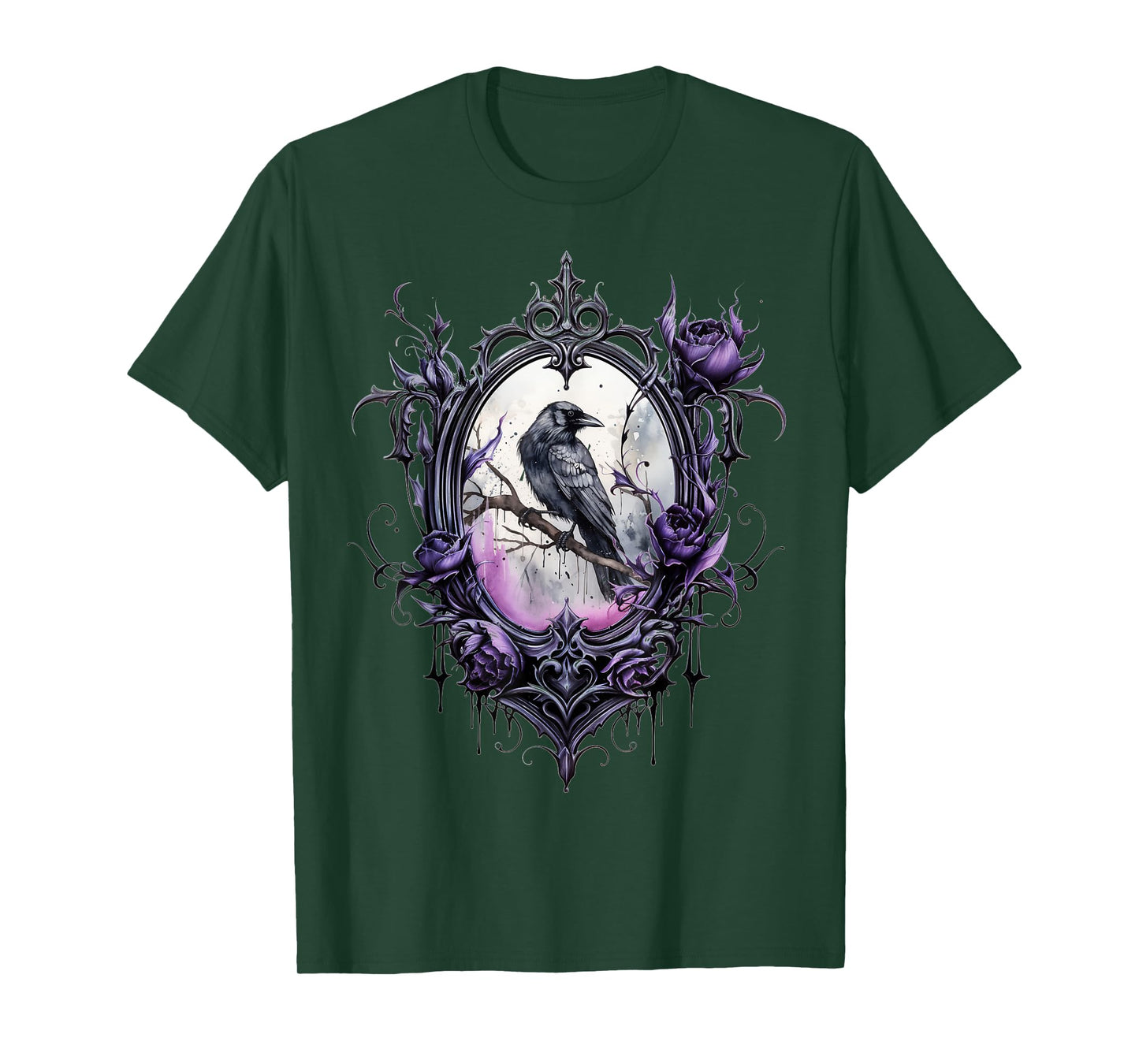 Gothic Halloween Raven Rose Purple Majestic Bird T-Shirt