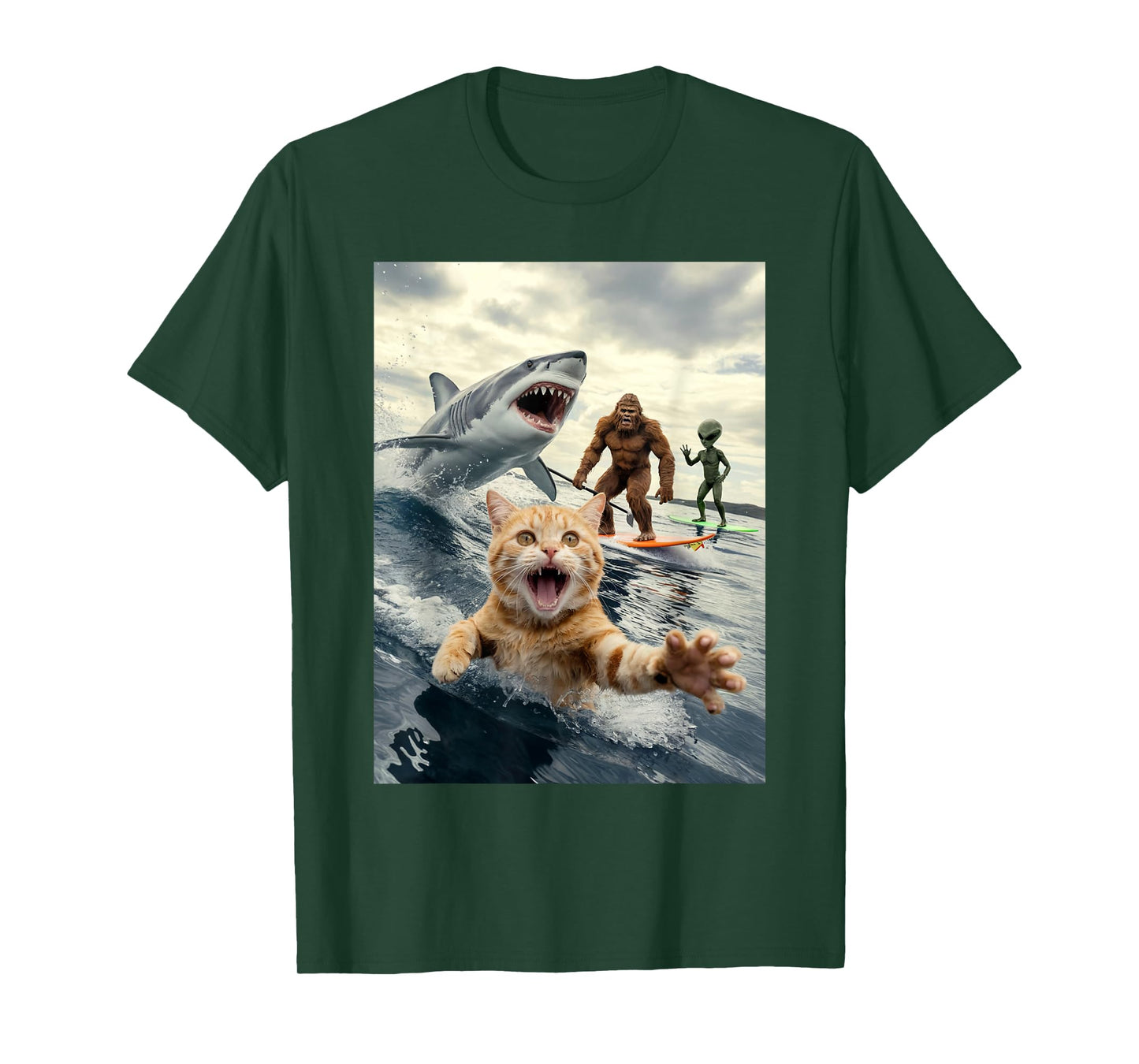 Funny Cat Surfing Bigfoot Alien Shark Men Women T-Shirt