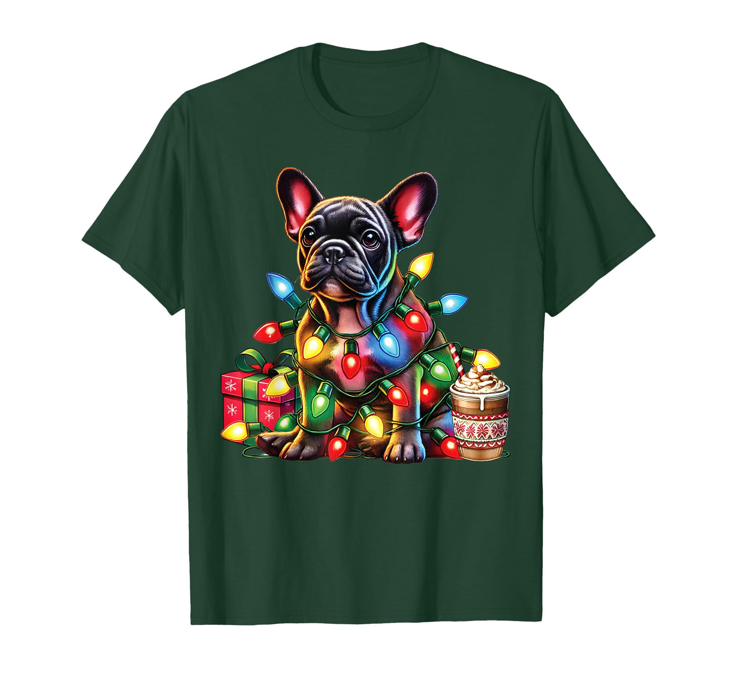 French bulldog Lovers Xmas Reindeer Antlers Christmas Lights Men Women Kids T-Shirt