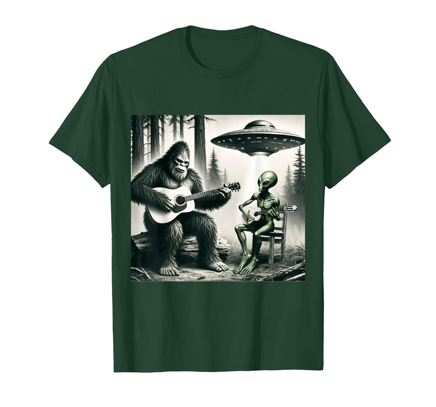 Funny Bigfoot And Alien Playing Electric Guitar. Bigfoot UFO T-Shirt