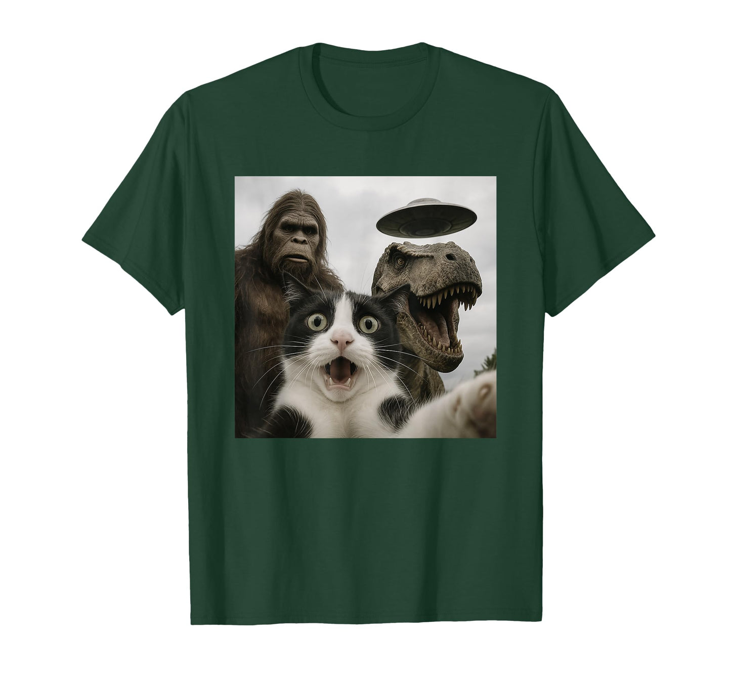 Funny Cat Selfie with Bigfoot Dinosaur UFO for Men Women T-Shirt