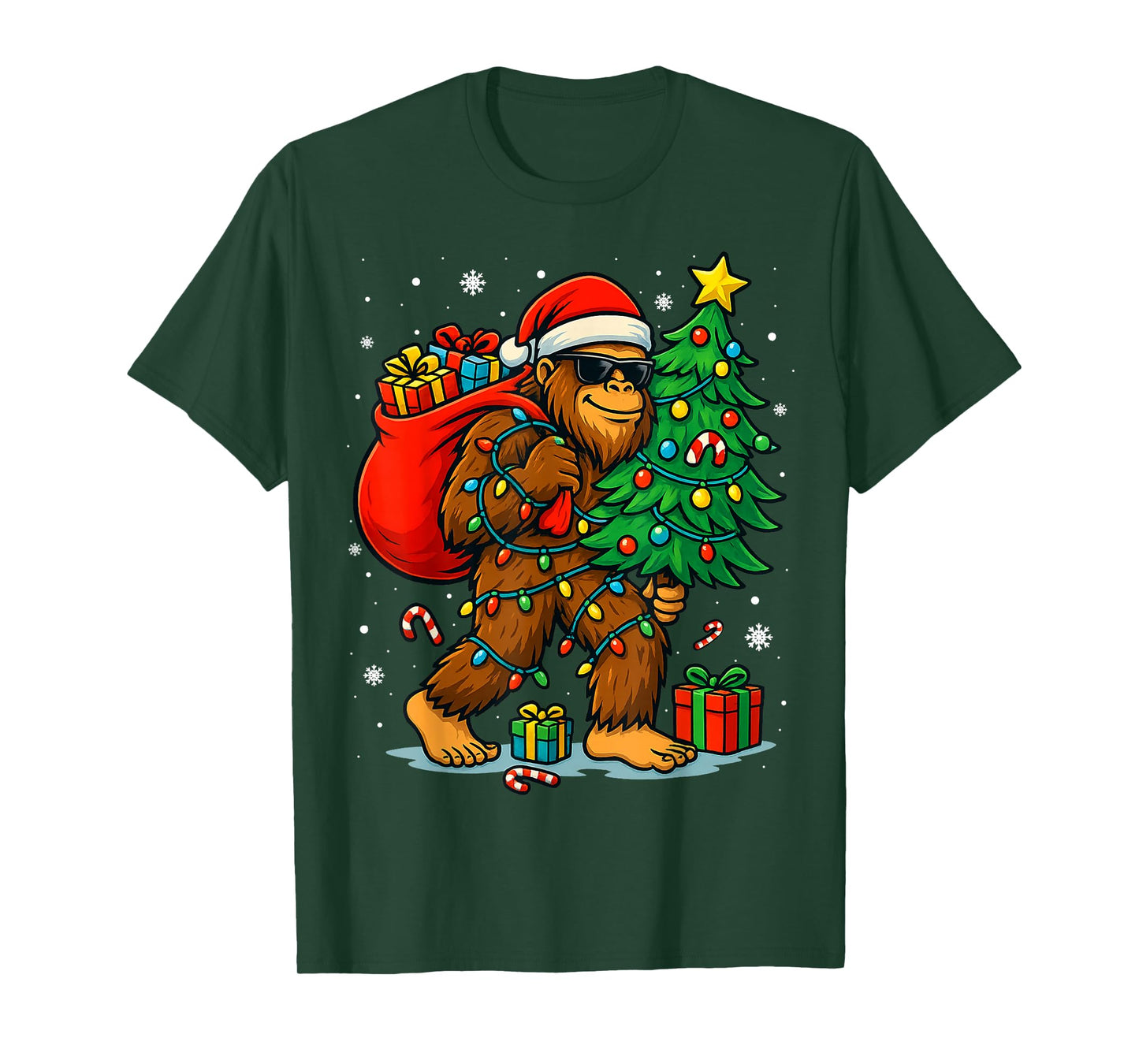 Santa Bigfoot Christmas Tree Lights Xmas Boys Men Sasquatch T-Shirt