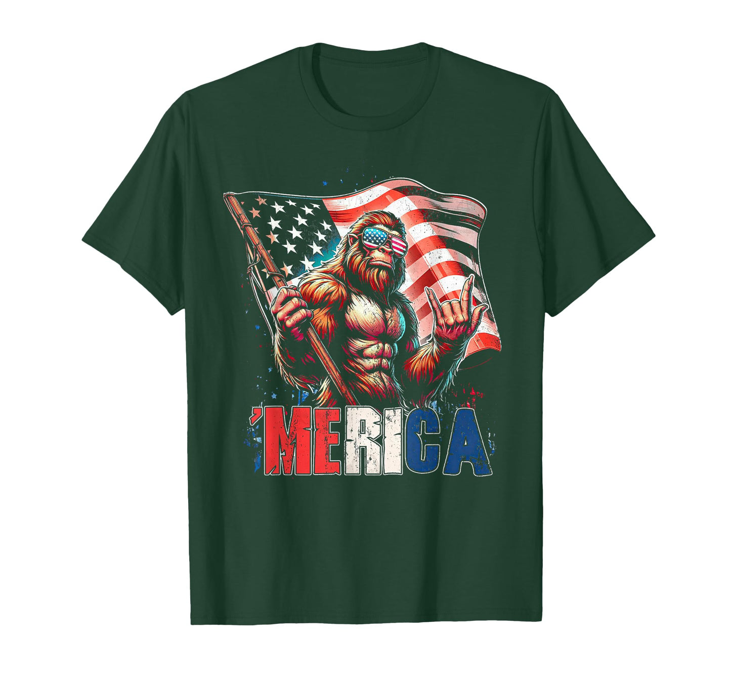 Bigfoot Merica Rock American Flag Patriotic 4th Of July T-Shirt