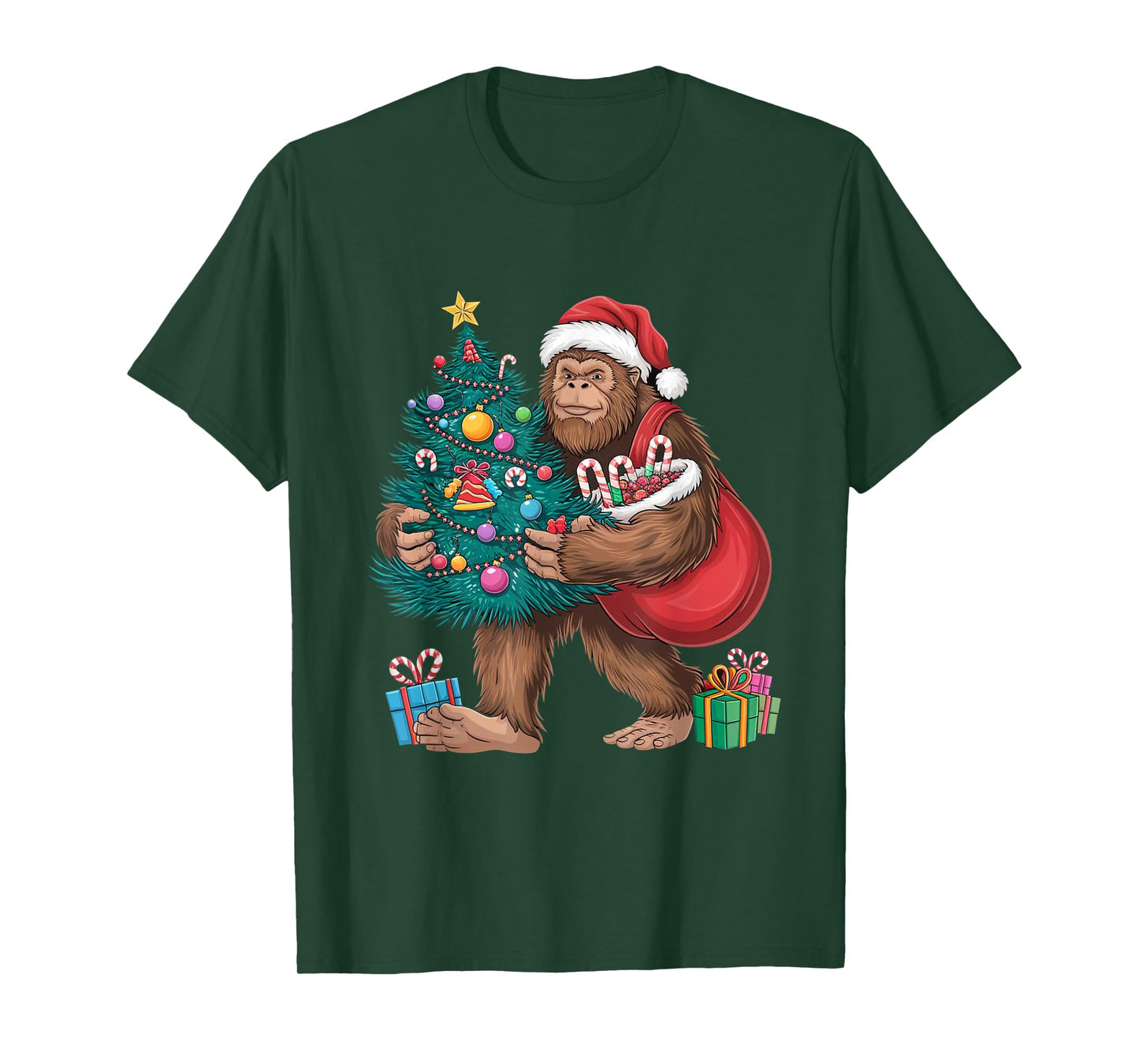 Santa Bigfoot Christmas Tree Lights Xmas Sasquatch Lovers T-Shirt
