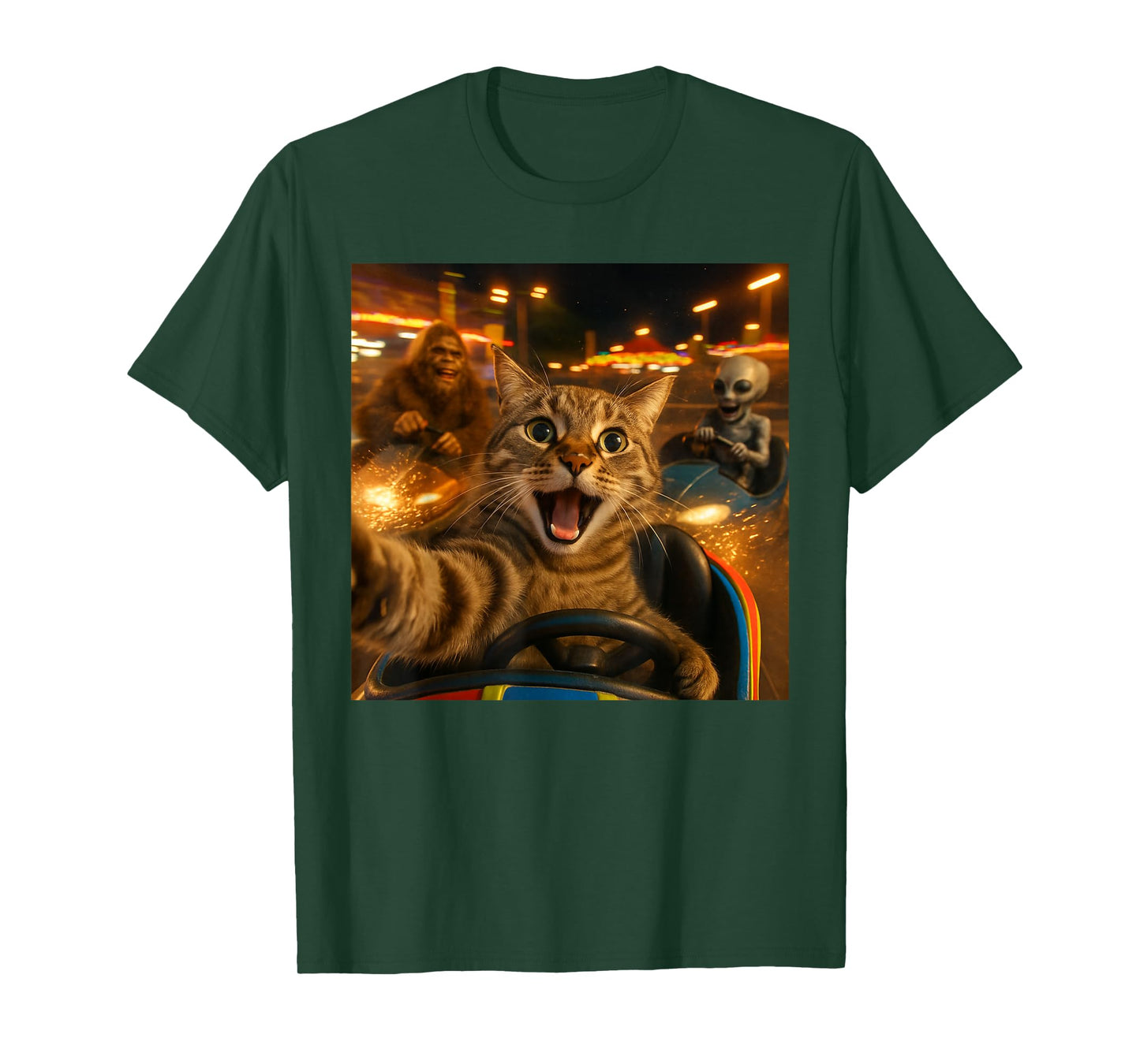 Funny Cat Selfie with Big Foot & Alien Bumper Car Meme T-Shirt