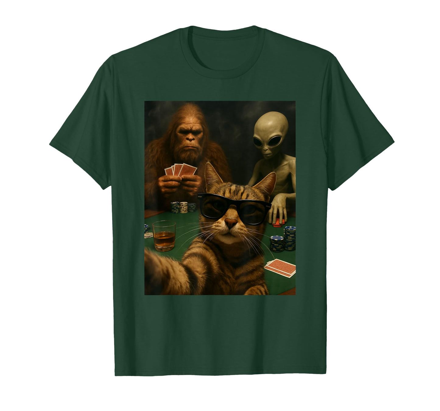 Cat Poker Selfie Bigfoot & Alien Playing Cards Funny T-Shirt