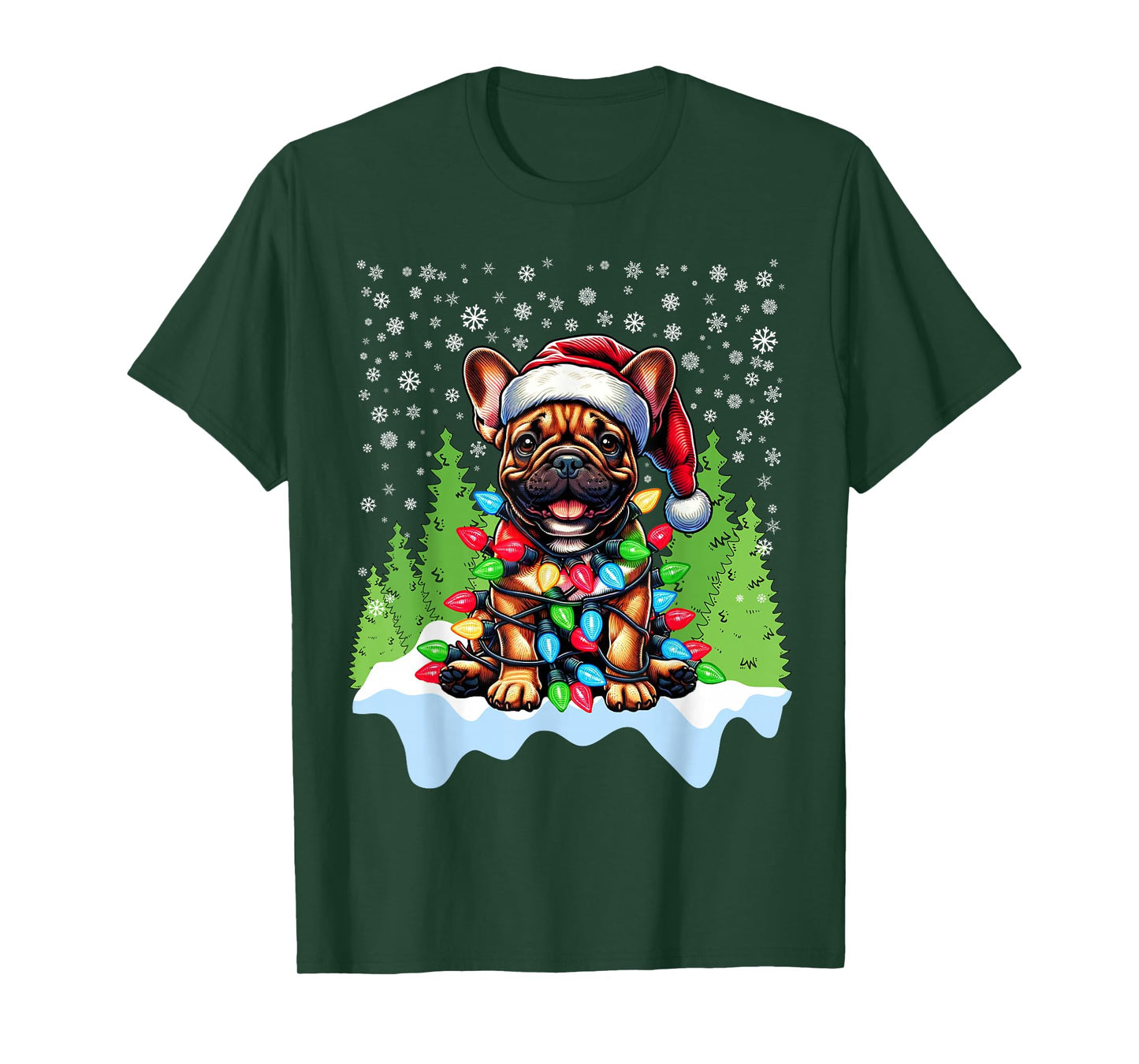 French Bulldog Christmas Santa Hat Lights Tree Snowflakes T-Shirt