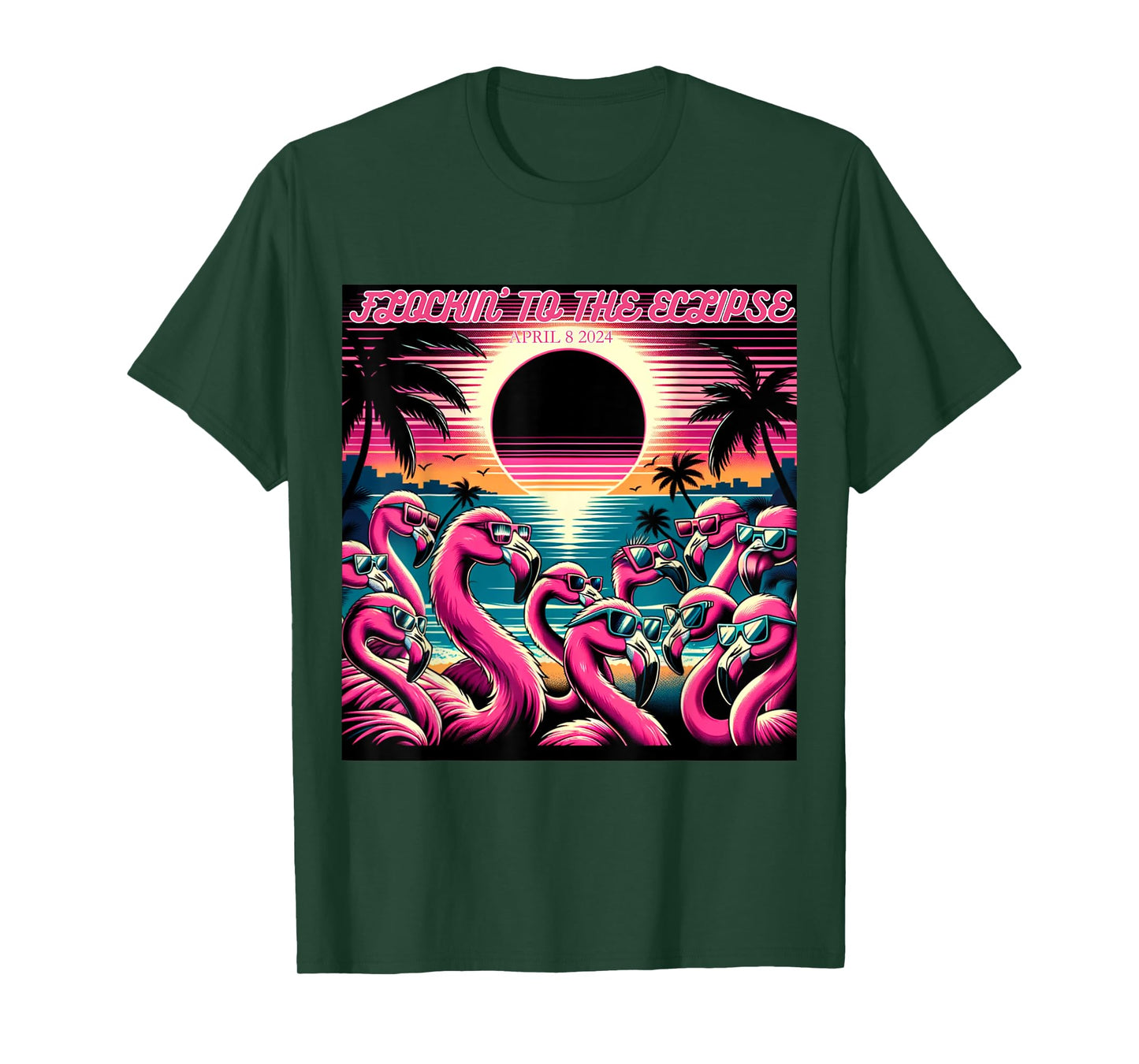 Solar Eclipse 2024 Retro Flamingos Flockin' To The Eclipse T-Shirt