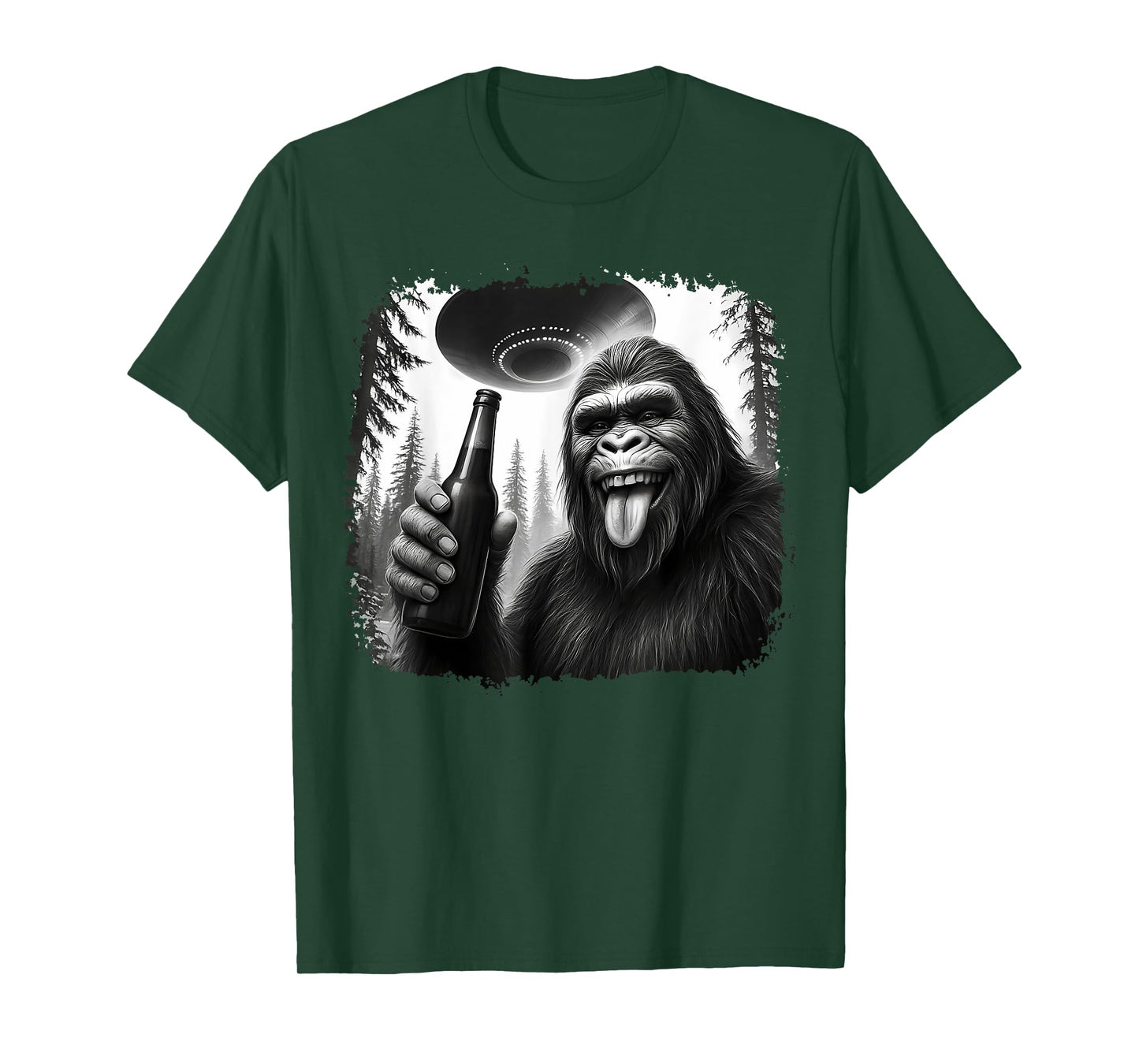 Sasquatch Drinking Beer UFO Encounter Funny T-Shirt