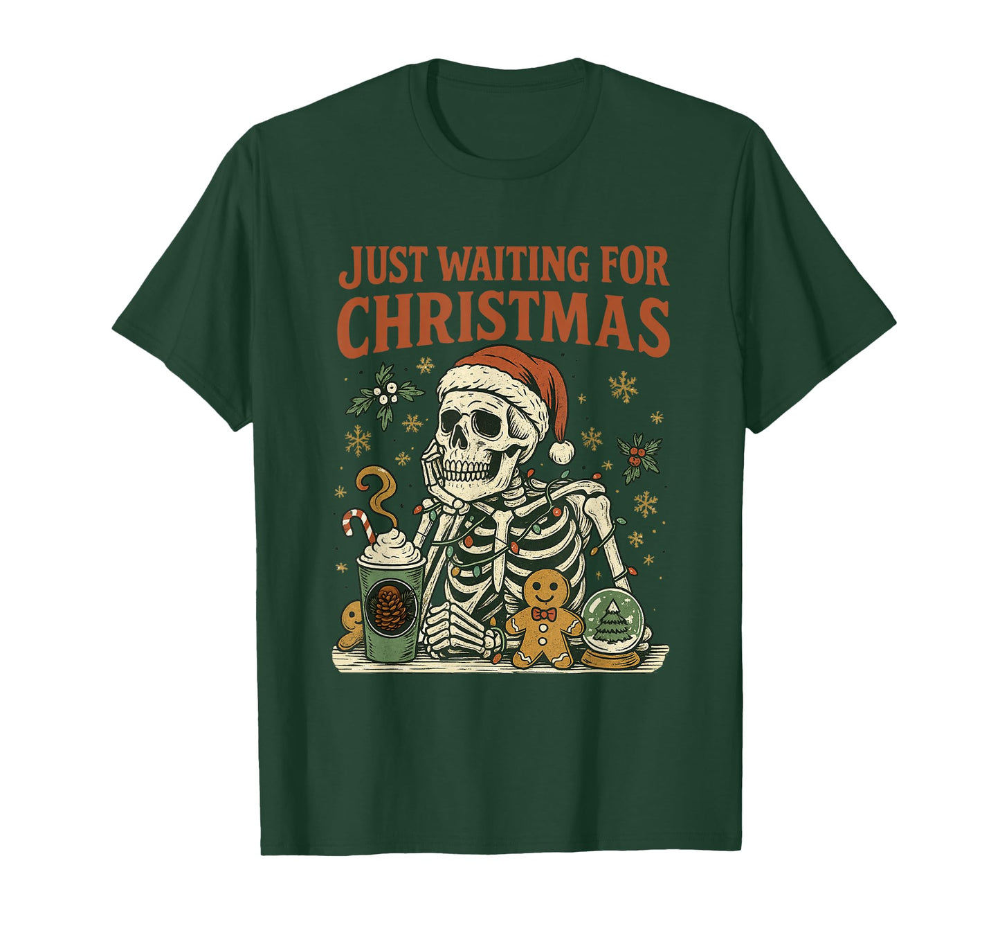 Vintage Xmas Holiday Just Waiting for Christmas Skeleton T-Shirt