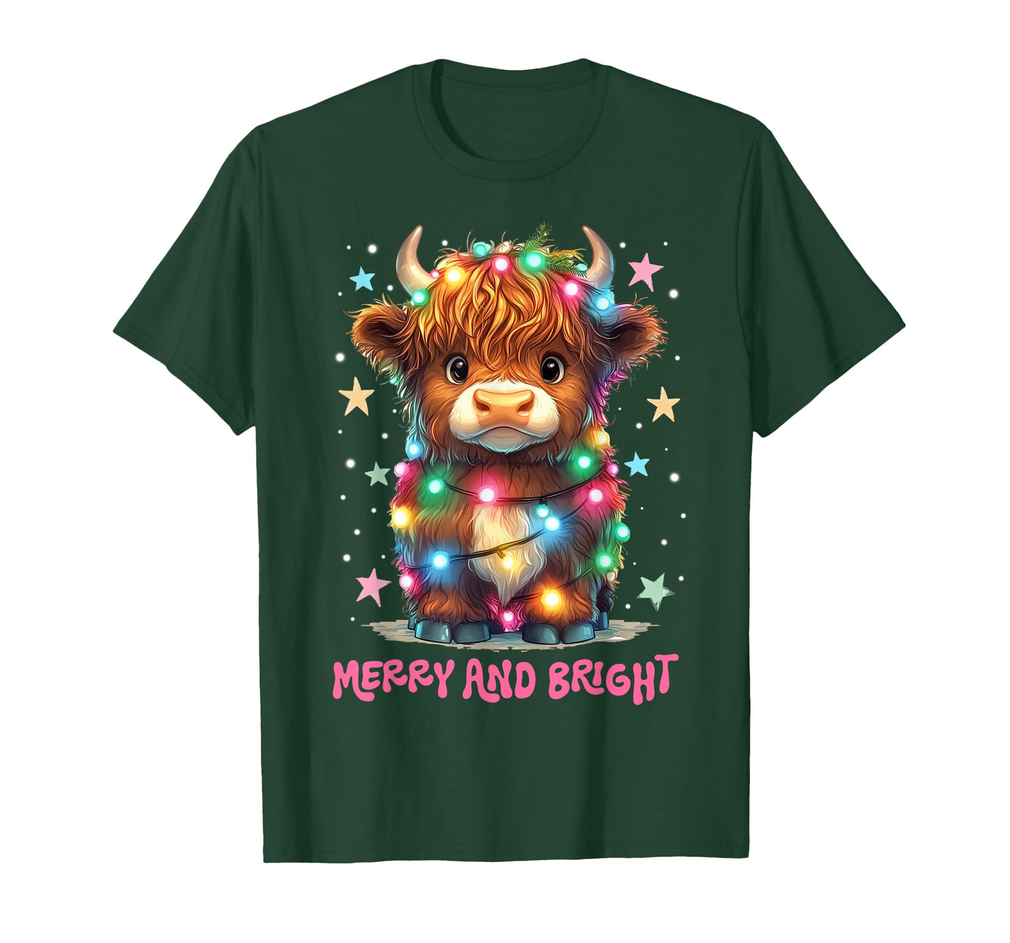 Merry And Bright Cute Highland Cow Christmas Xmas Lights T-Shirt