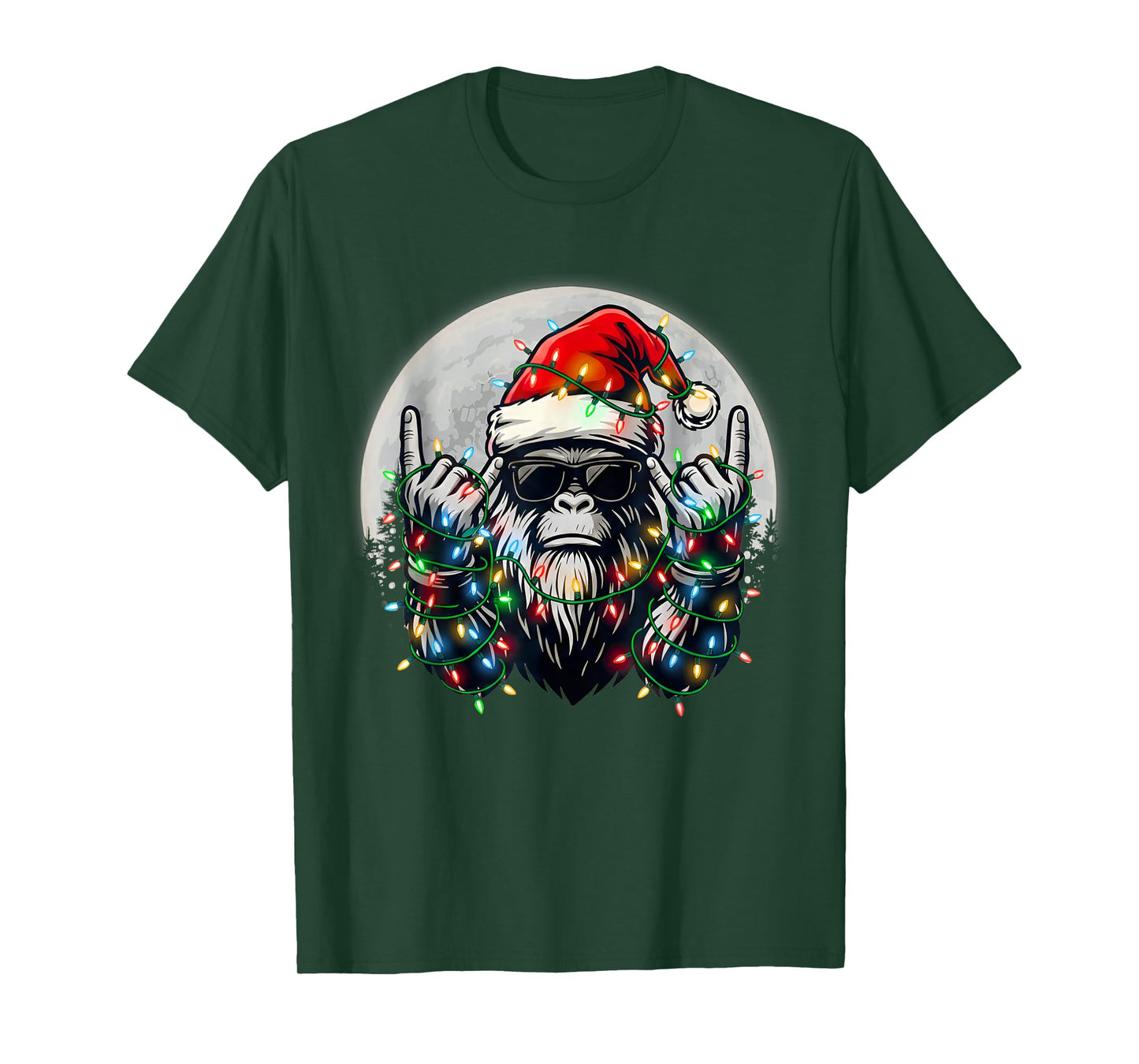 Santa Bigfoot Christmas Tree Xmas Lights Funny Sasquatch T-Shirt