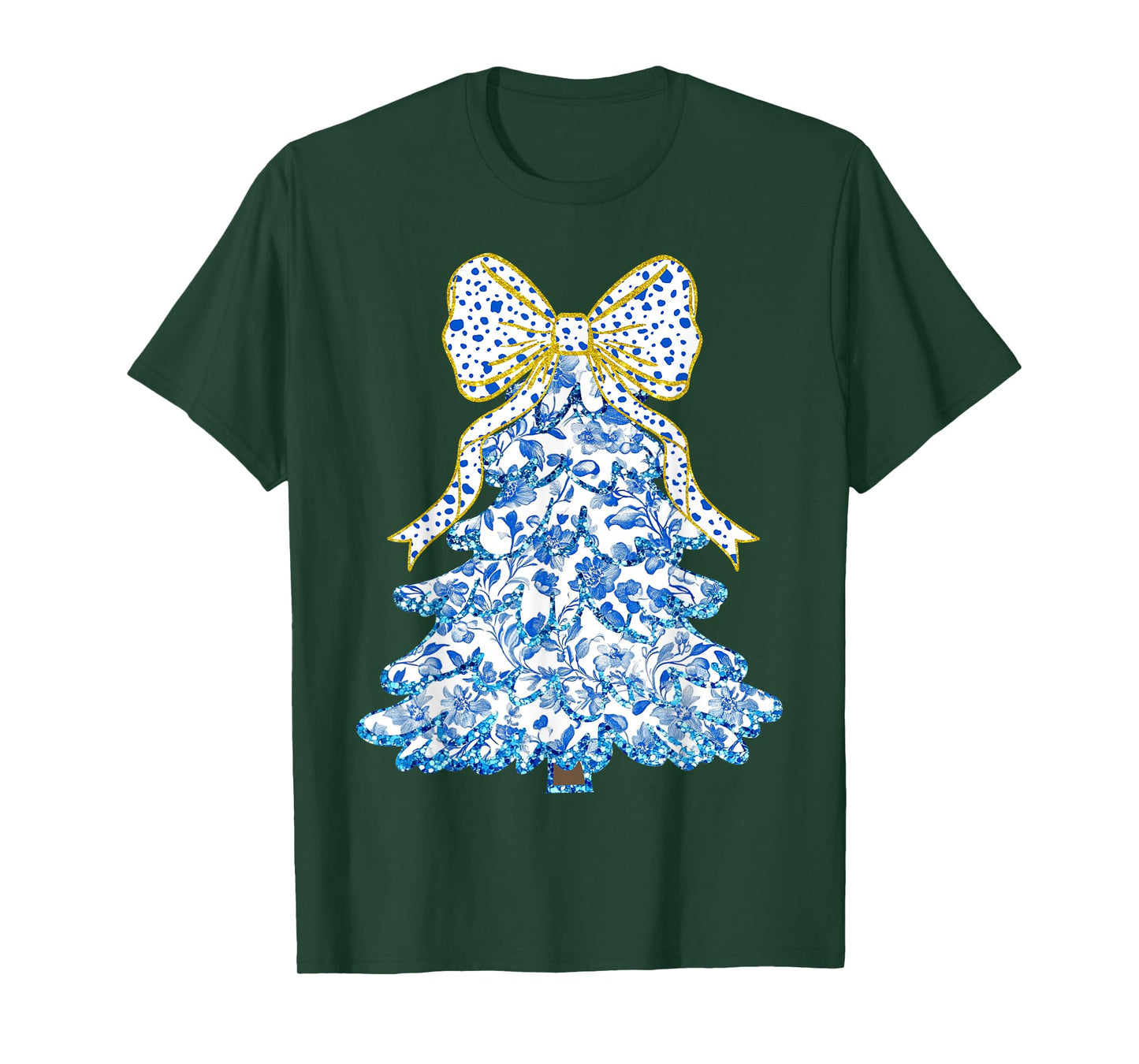 Blue Floral Coquette Bow Christmas Tree Chinoiserie Women T-Shirt