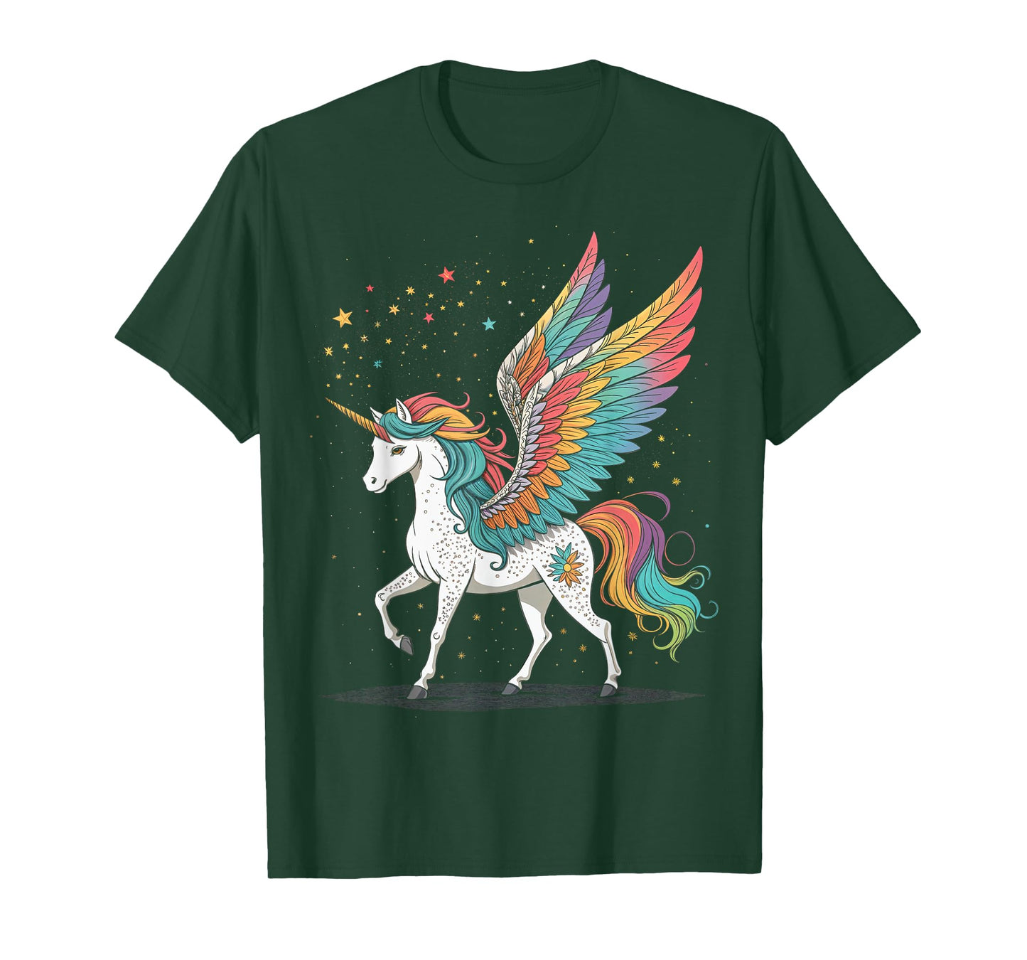 Magical Rainbow Unicorn with Wings Black Background Art T-Shirt