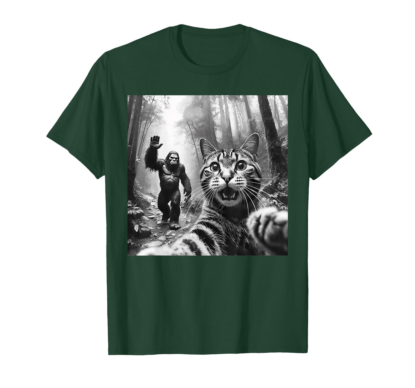 Surprised Scared Cat Selfie with Bigfoot Sasquatch Funny T-Shirt