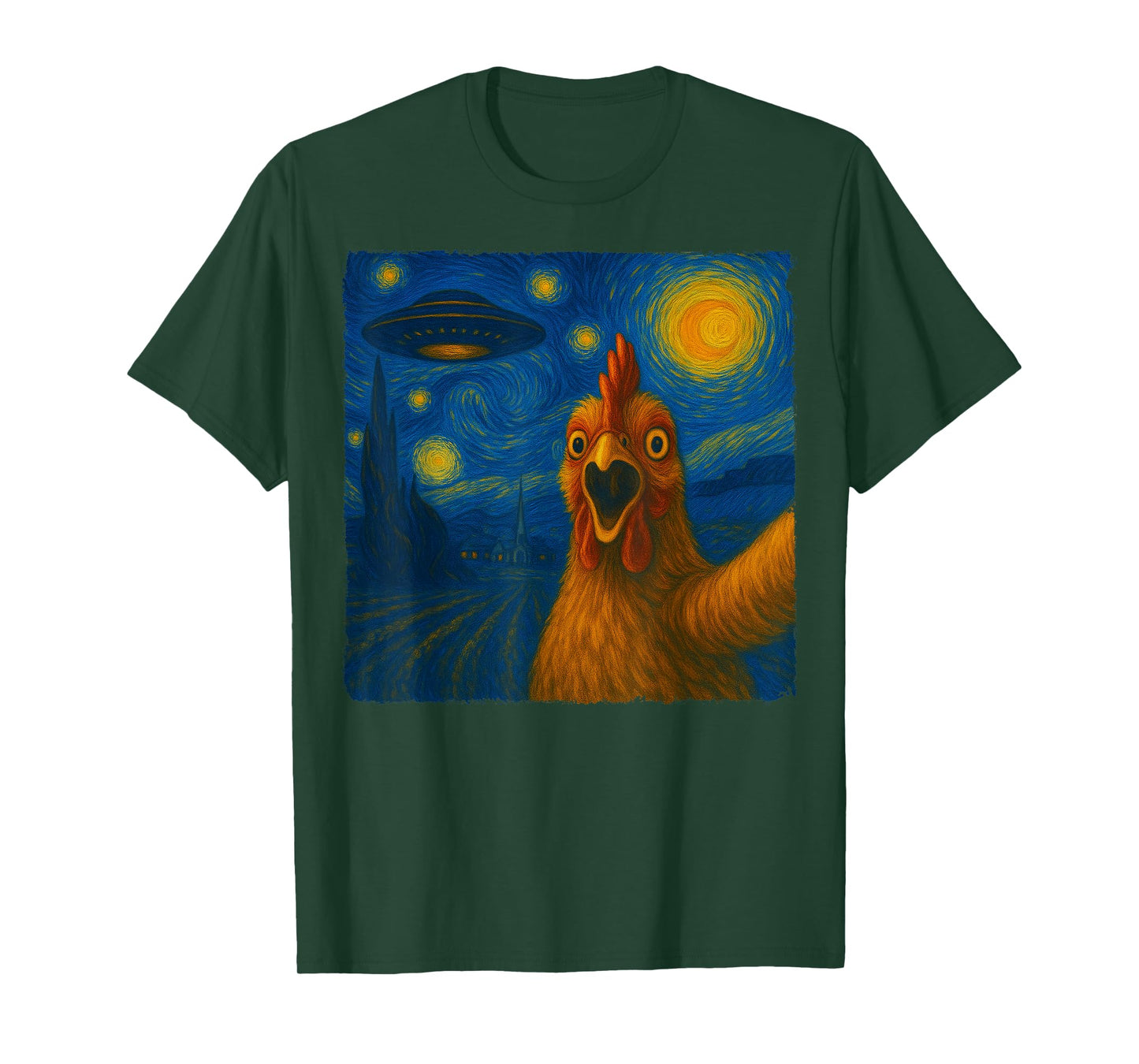 Chicken Selfie with UFO Starry Night Van Gogh Men Women Kid T-Shirt