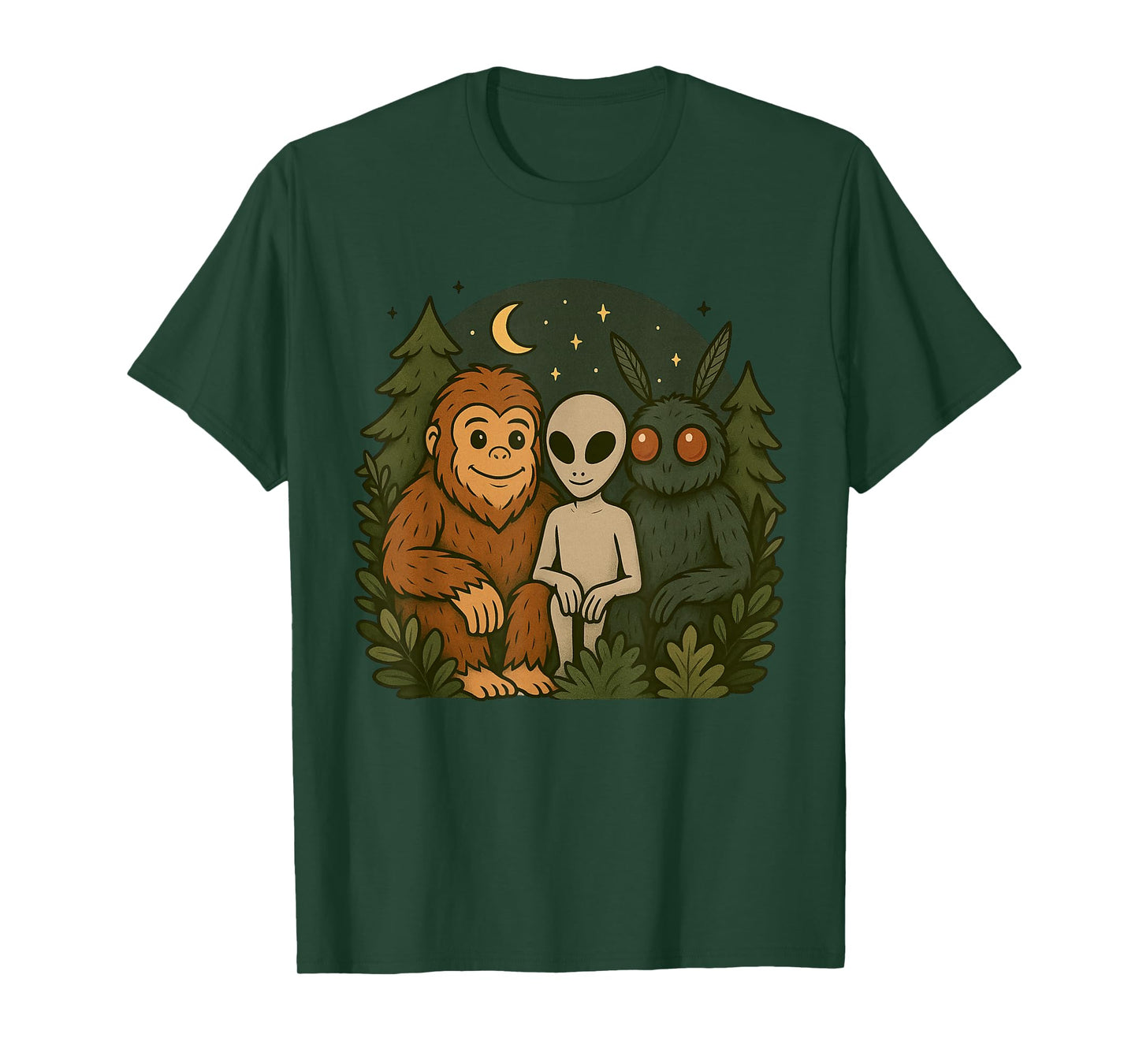 Whimsical Cute Mothman Bigfoot And Alien Funny Cryptid Art T-Shirt