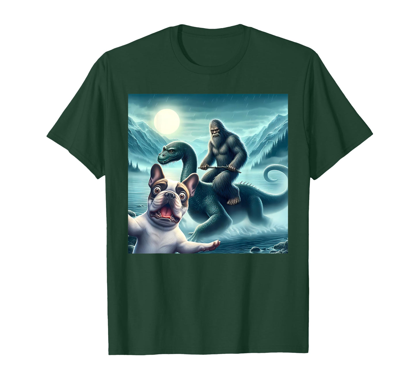 French bulldog Selfie with bigfoot riding loch Ness T-Shirt