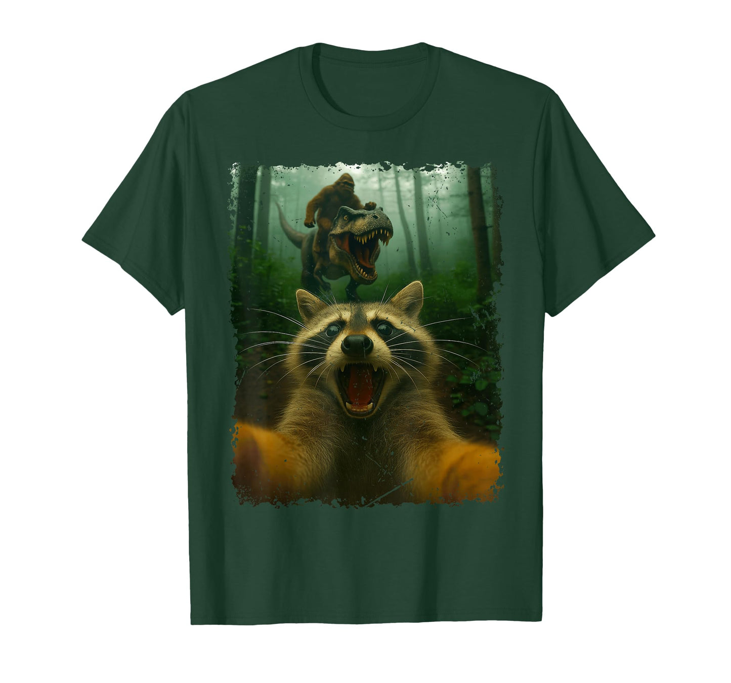 Funny Raccoon Selfie with T-Rex Dinosaur and Bigfoot T-Shirt