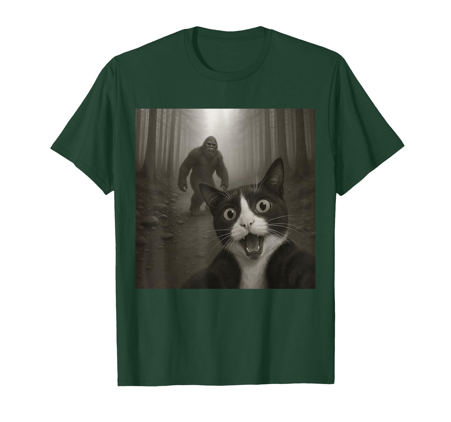 Funny Surprised Scared Tuxedo Cat Selfie With Bigfoot T-Shirt