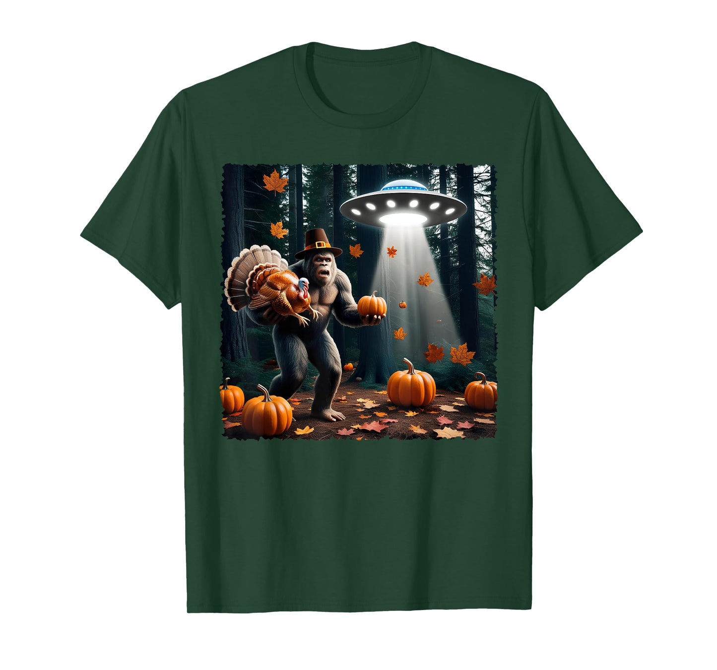 Bigfoot Sasquatch Turkey UFOs Funny Thanksgiving Day Pumpkin T-Shirt