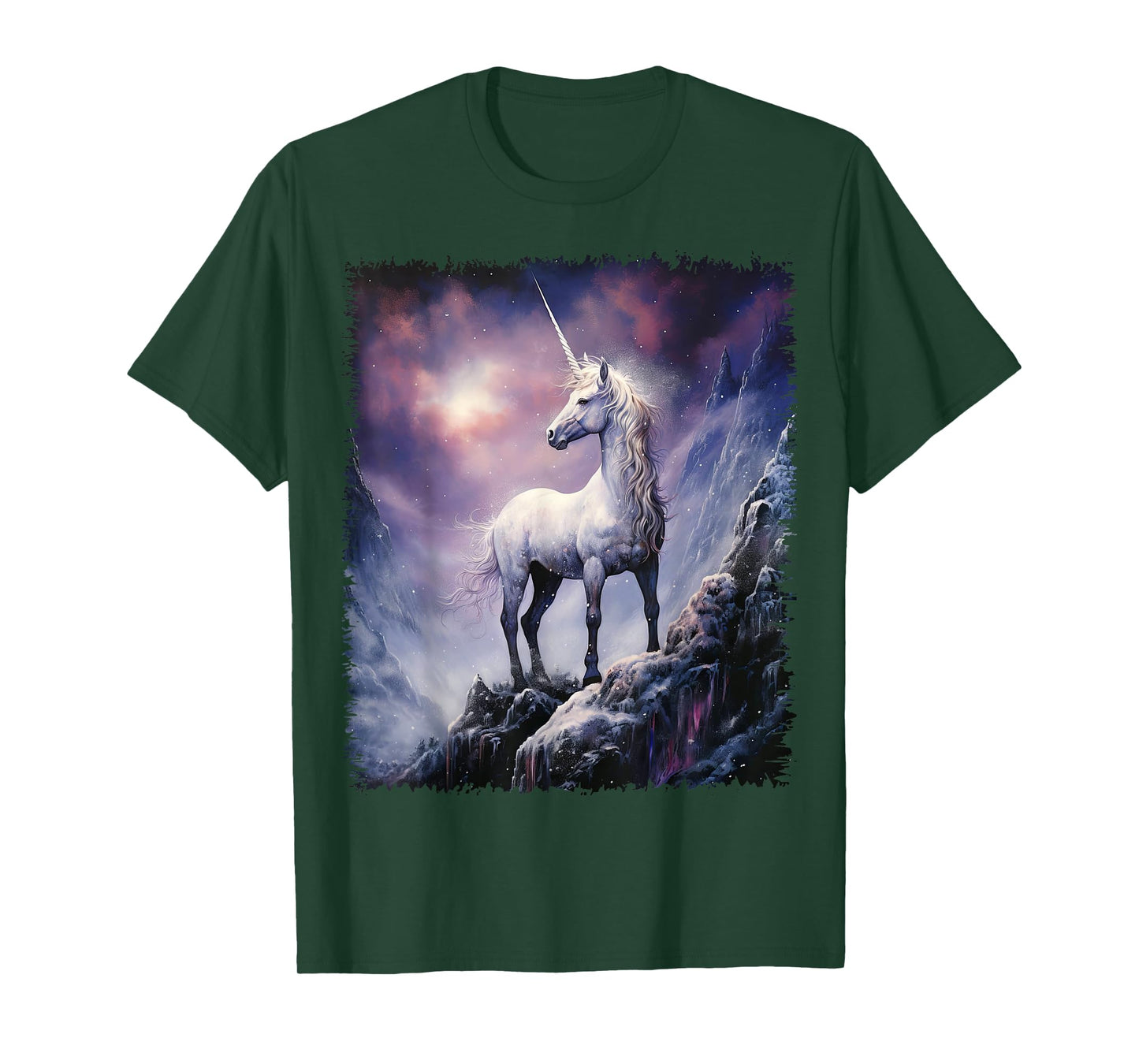 Fantasy white Unicorn standing on the snowy hill T-Shirt