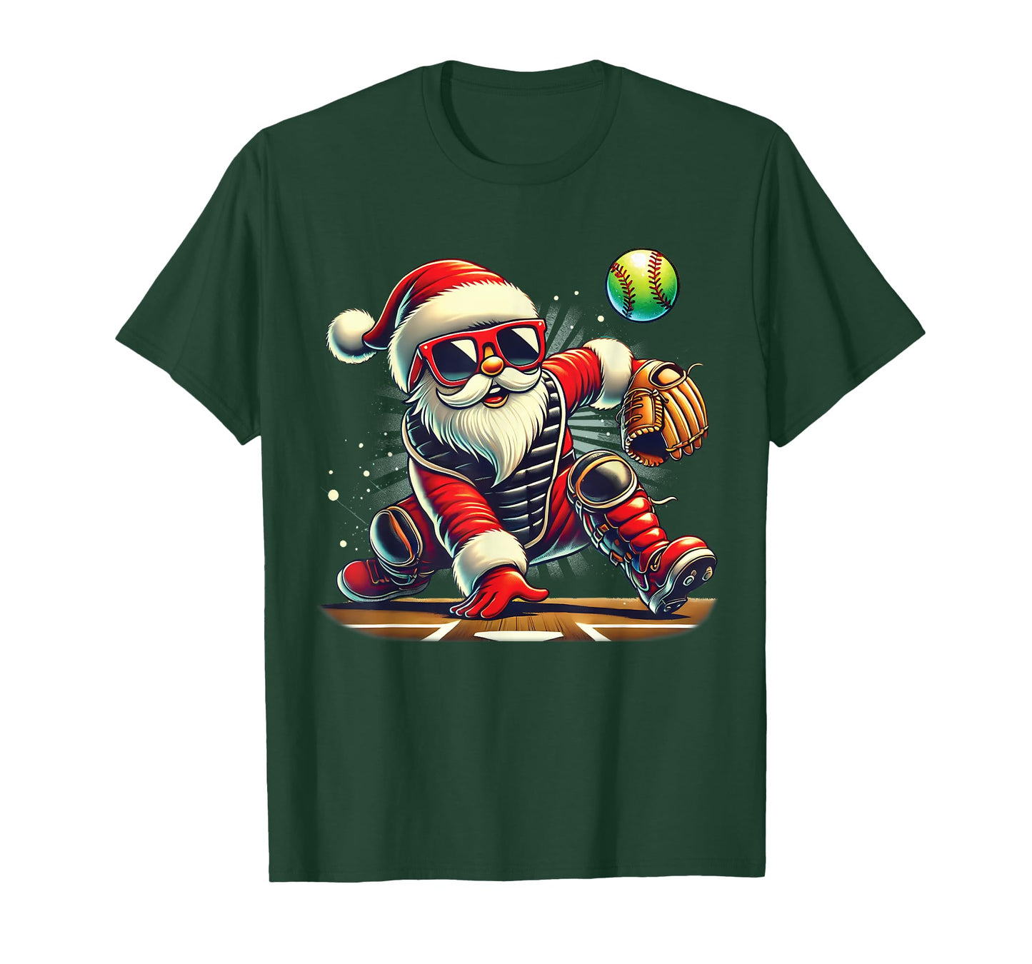 Santa Playing softball Catcher Girls kids funny Christmas T-Shirt