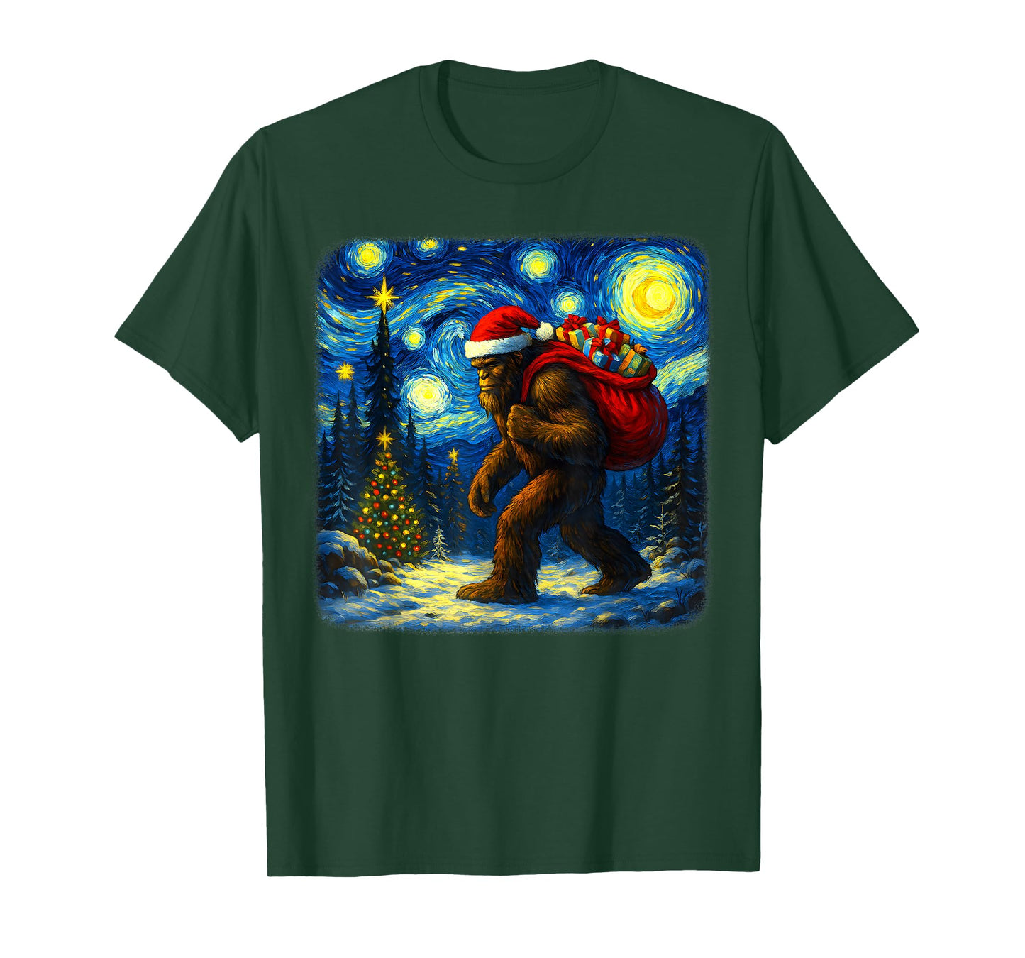 Bigfoot Santa Christmas Starry Night Sasquatch Van Gogh Art T-Shirt