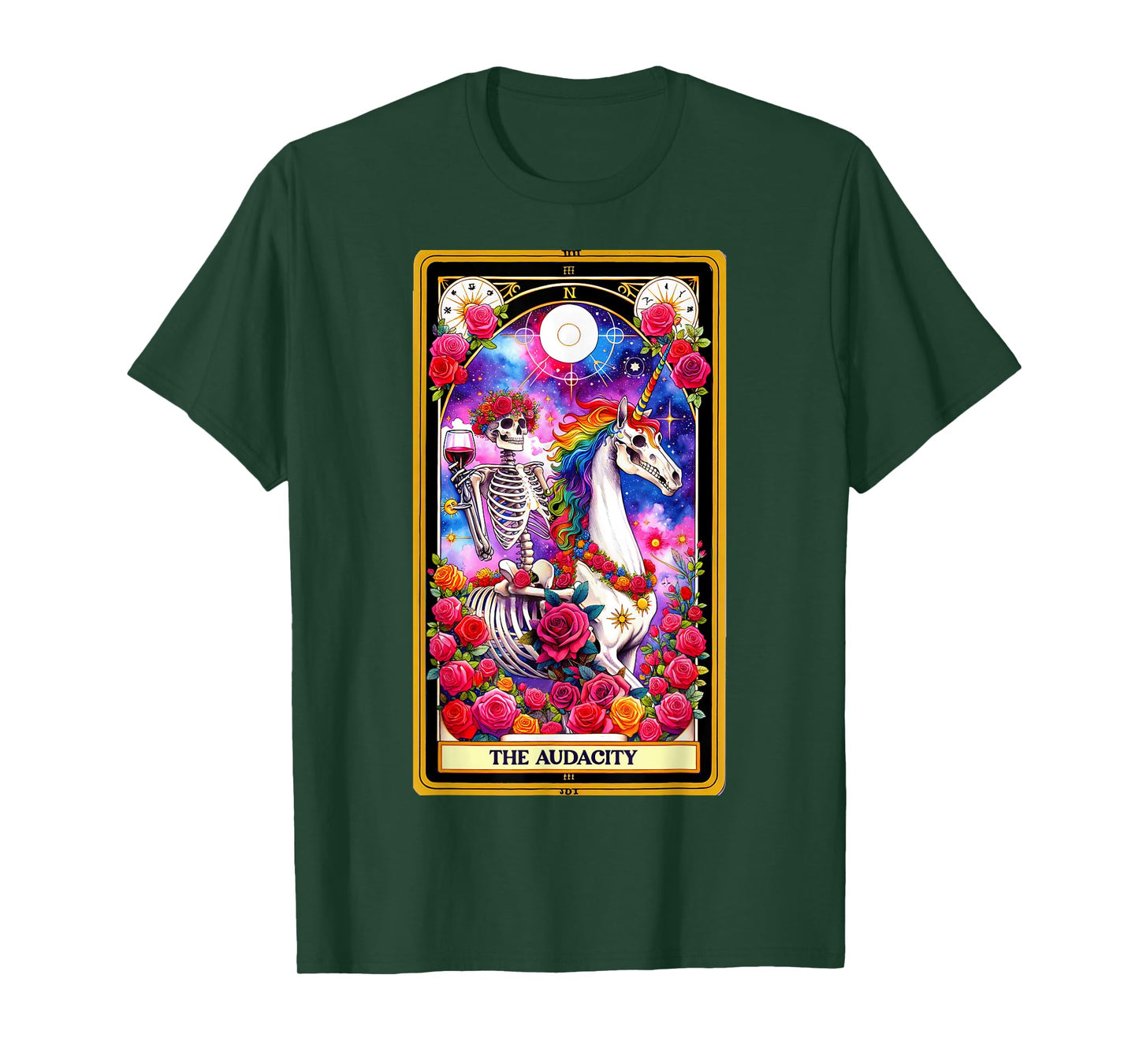 The Audacity Tarot Card Skeleton Skelly Unicorn Wine Women T-Shirt