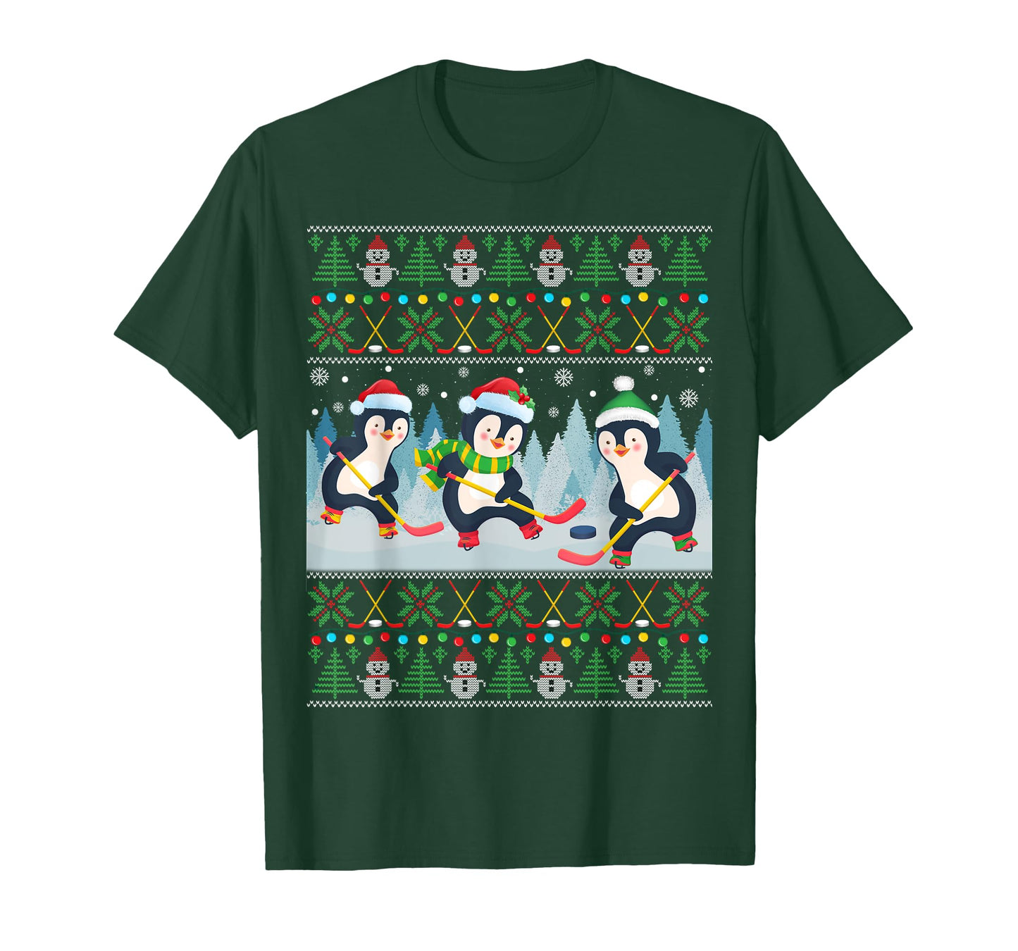 Penguin Playing Hockey Ugly Christmas Sweater Penguin Santa T-Shirt