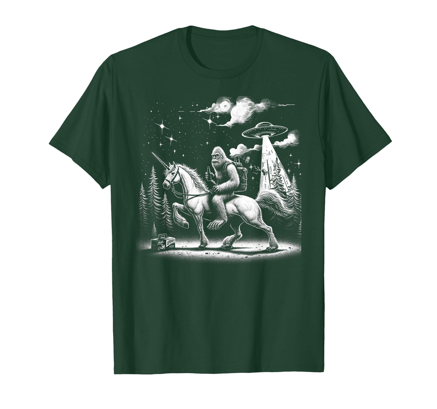 Bigfoot Riding a Unicorn, Full Moon and a UFO Alien T-Shirt