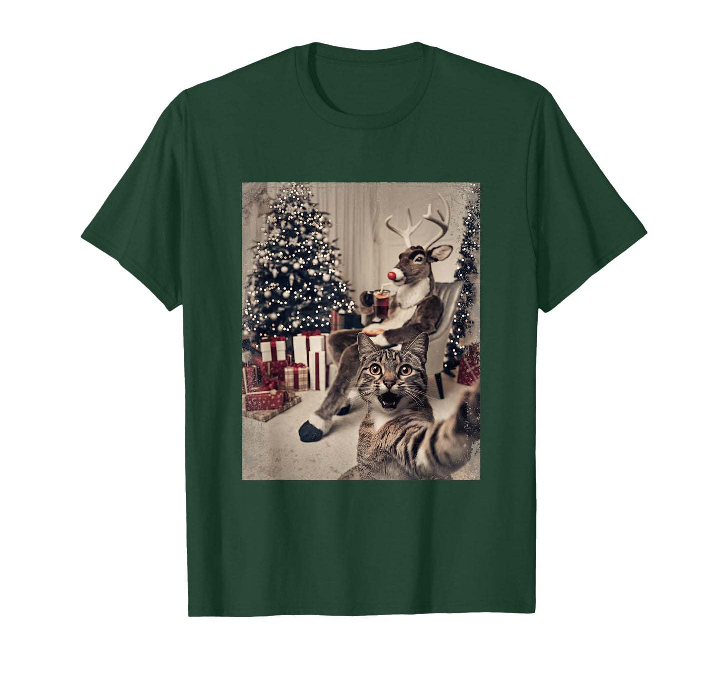 Funny Xmas Cat Selfie Reindeer Ugly Sweater Christmas Outfit T-Shirt