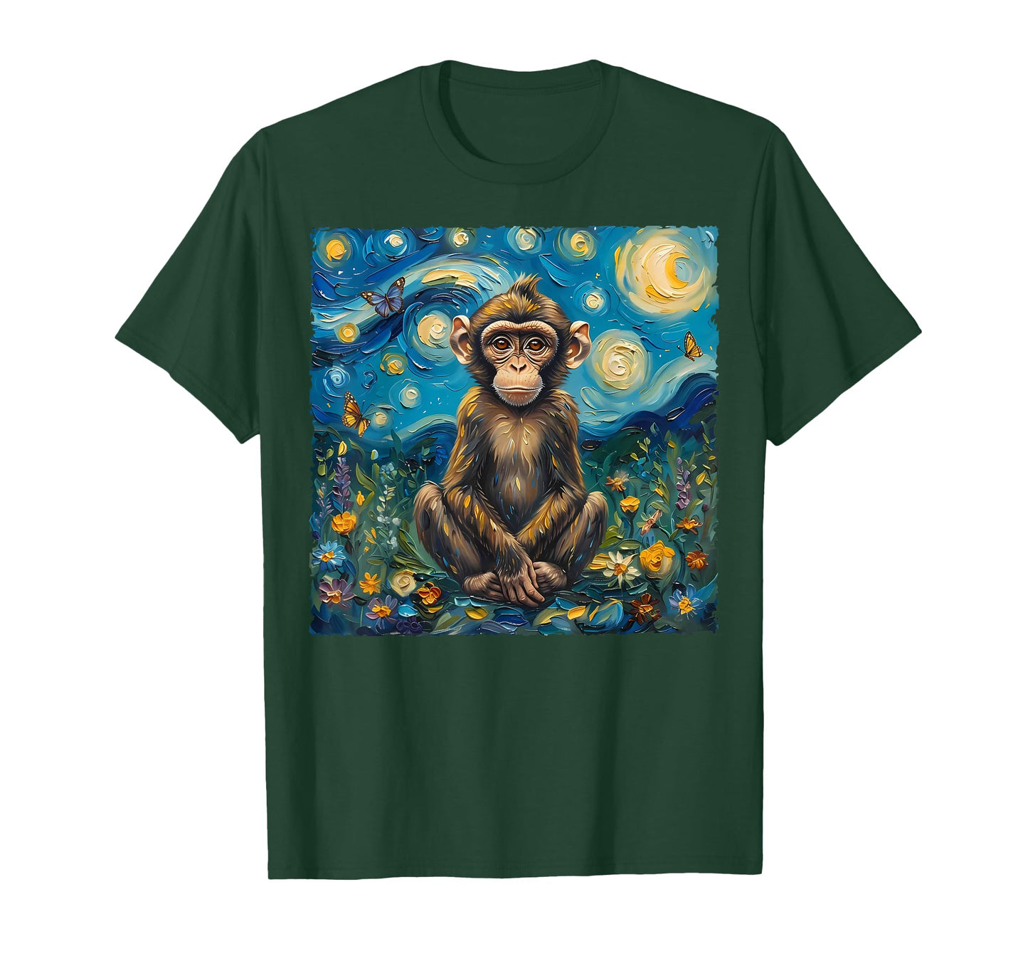 Van Gogh's Starry Night Style Earth Day Monkey Wildlife Art T-Shirt