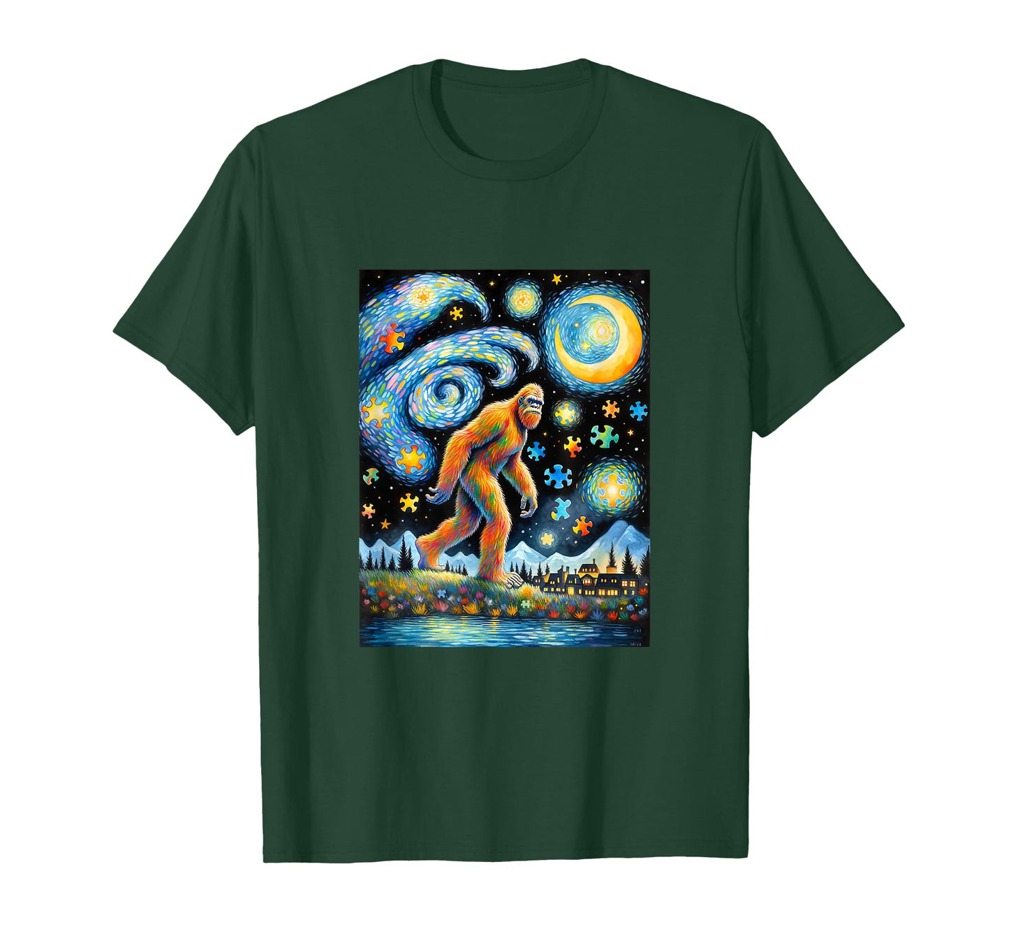 Bigfoot Autism Awareness Sasquatch Starry Night Van Gogh T-Shirt
