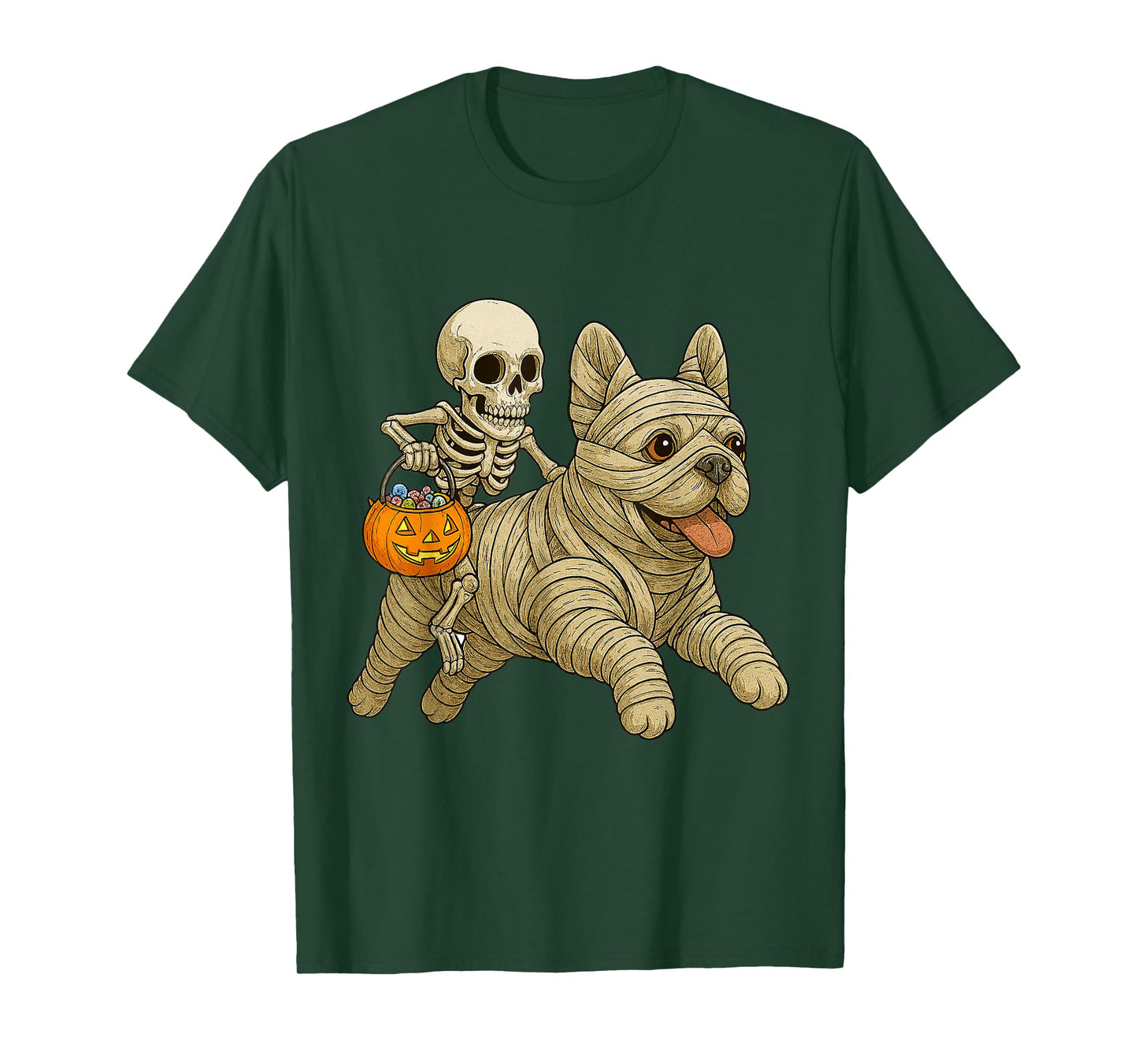 Skeleton Riding Mummy French Bulldog Dog Halloween Funny T-Shirt
