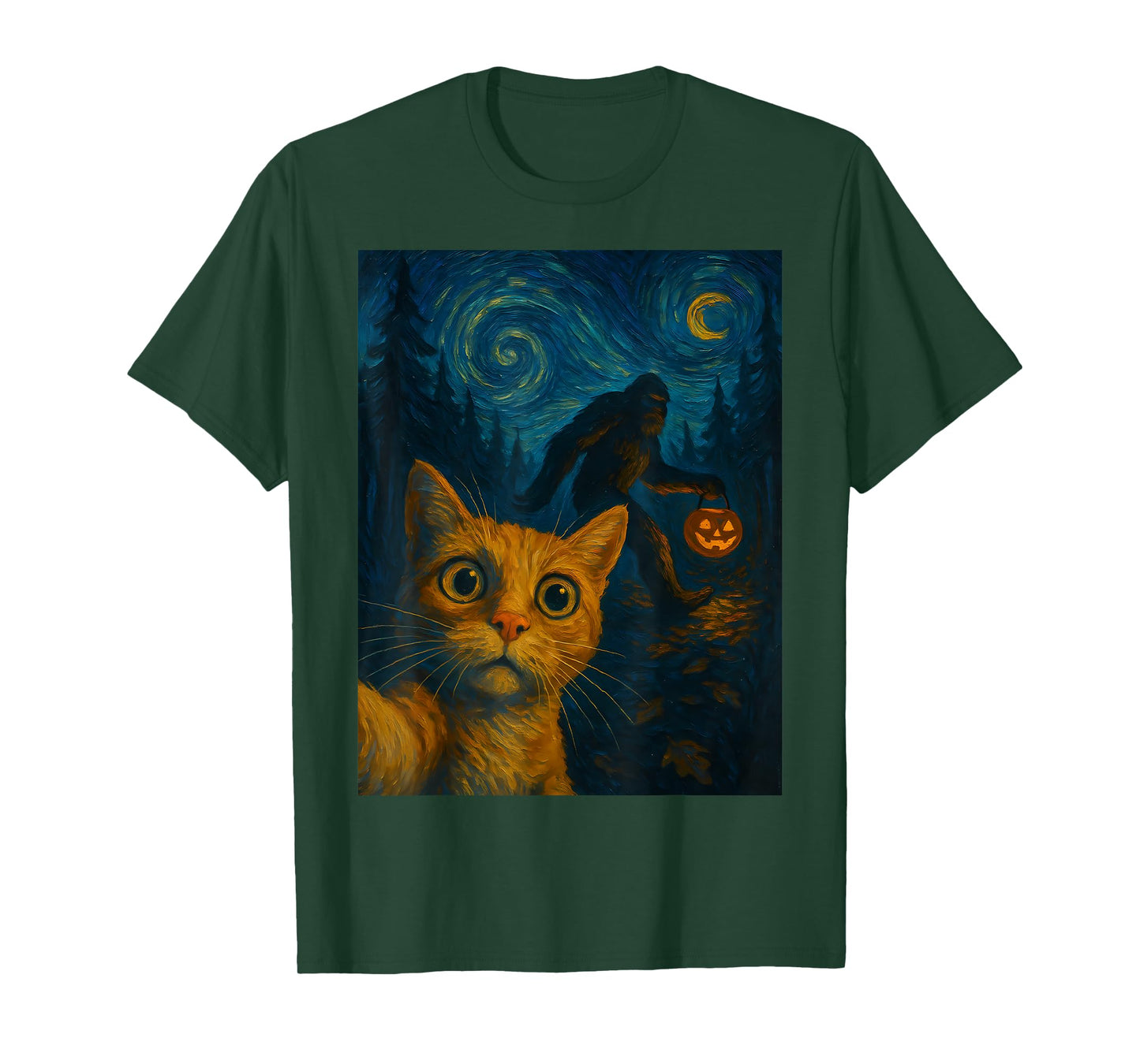 Cat Selfie Bigfoot Halloween Sasquatch Van Gogh Starry Night T-Shirt