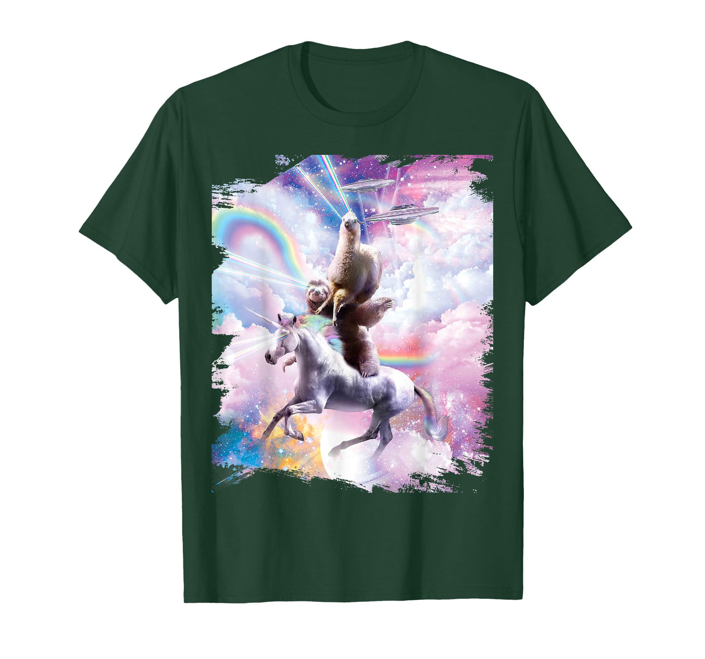 Laser Eyes Space Llama on Sloth Unicorn - Rainbow T-Shirt