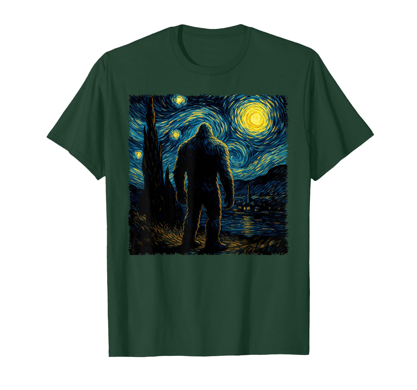 Bigfoot Starry Night Sasquatch Van Gogh Sky Painting Art T-Shirt