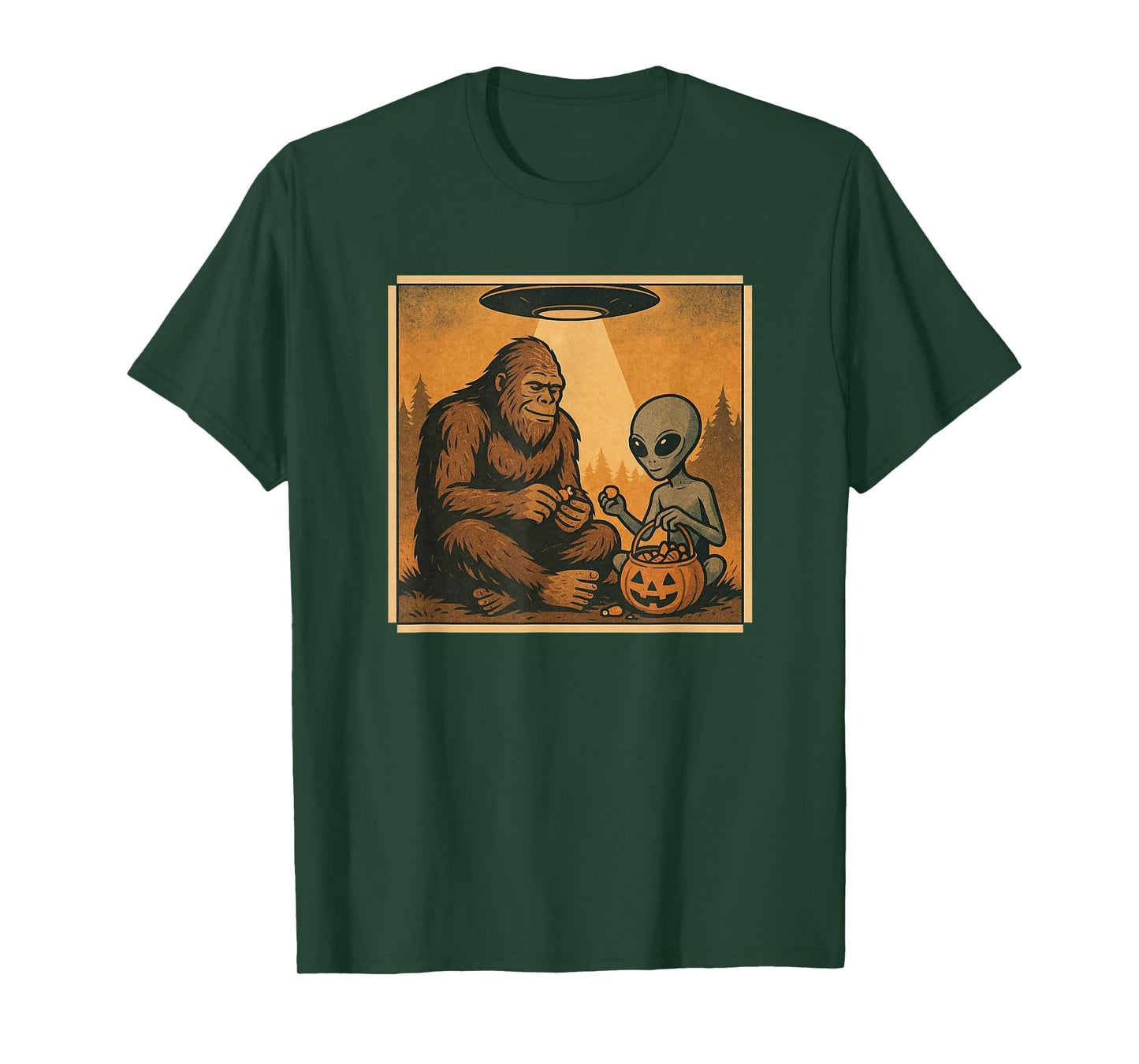 Retro Halloween Bigfoot Alien Eating Candy UFO Vintage Funny T-Shirt