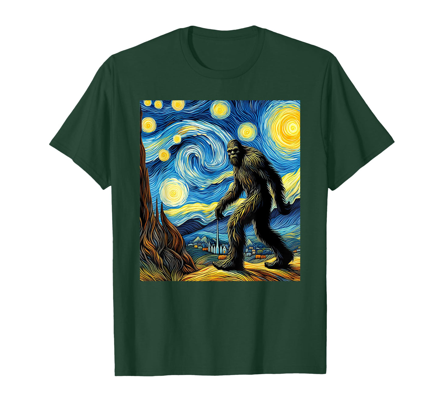 Funny Bigfoot Starry Night Sasquatch Van Gogh Sky Painting T-Shirt
