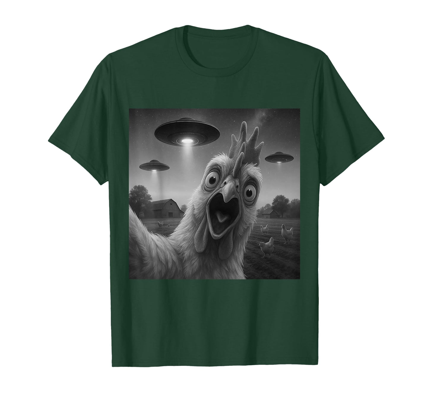 Chicken Rooster Funny Selfie Chicken with UFOs Weird Aliens T-Shirt