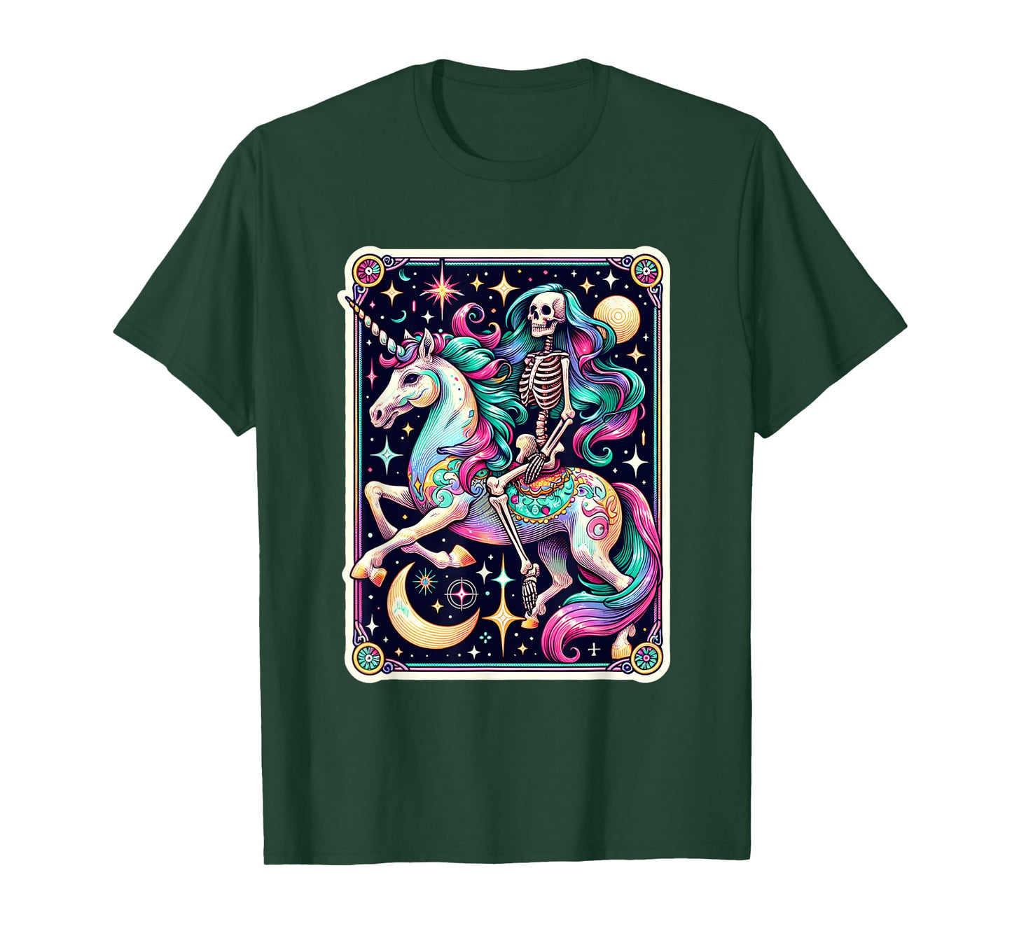 Skeleton Riding Unicorn Tarot Card Celestial Fantasy Art T-Shirt