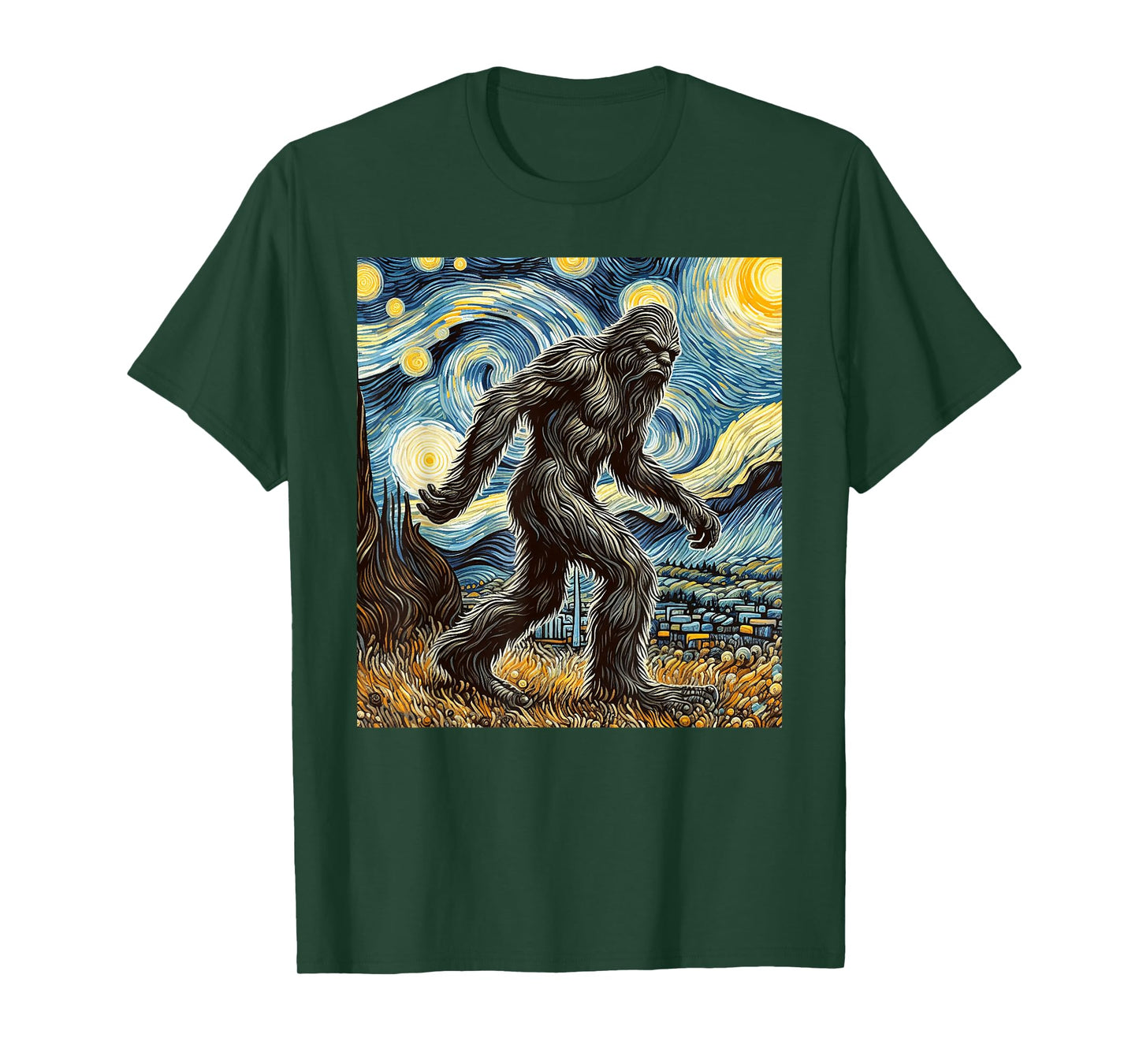 Funny Bigfoot Starry Night Sasquatch Van Gogh Sky Painting T-Shirt