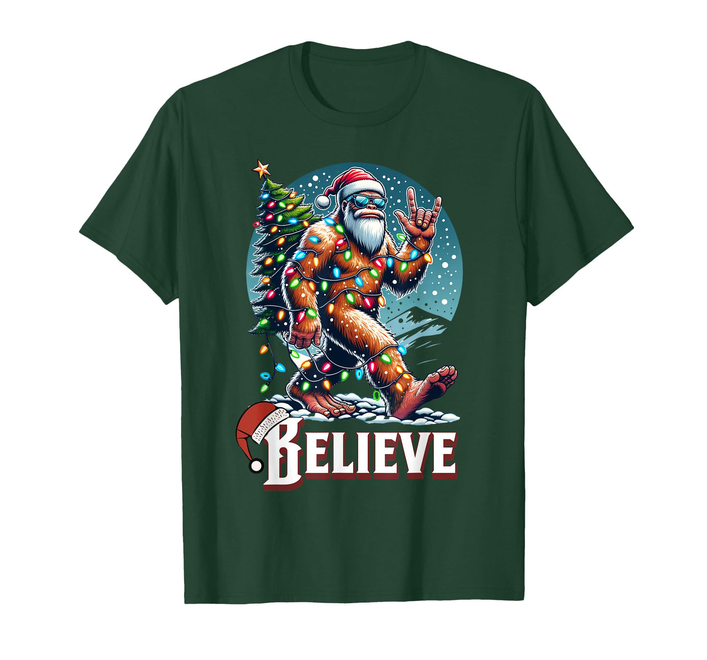 Santa Bigfoot Christmas Lights Funny Sasquatch Believe Xmas T-Shirt