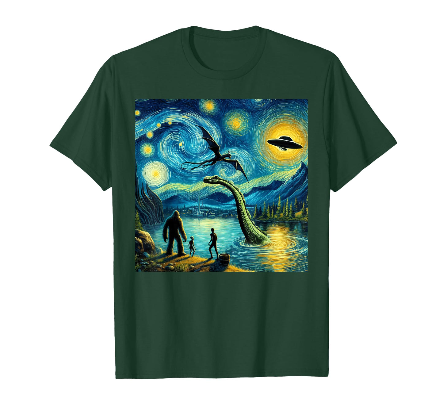 bigfoot starry night loch Ness alien UFO dragon cute lake T-Shirt